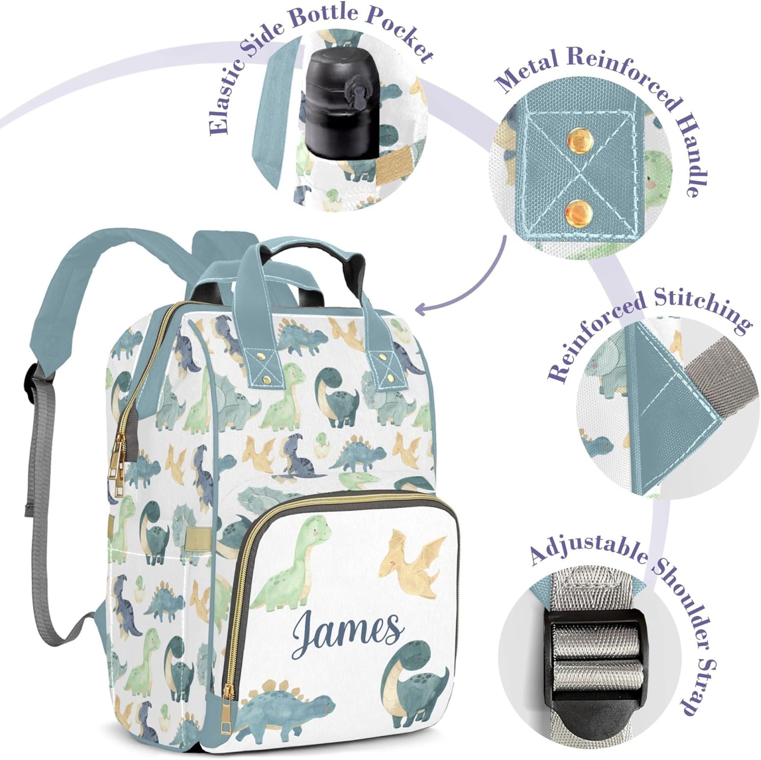 Dinosaur Personalized Name Nappy Bag Large Capacity Baby Diaper Bags, Color Green Monogram Daypack Custom Name Backpack Casual Daypack Bag Gifts for Nephew Son Grandson