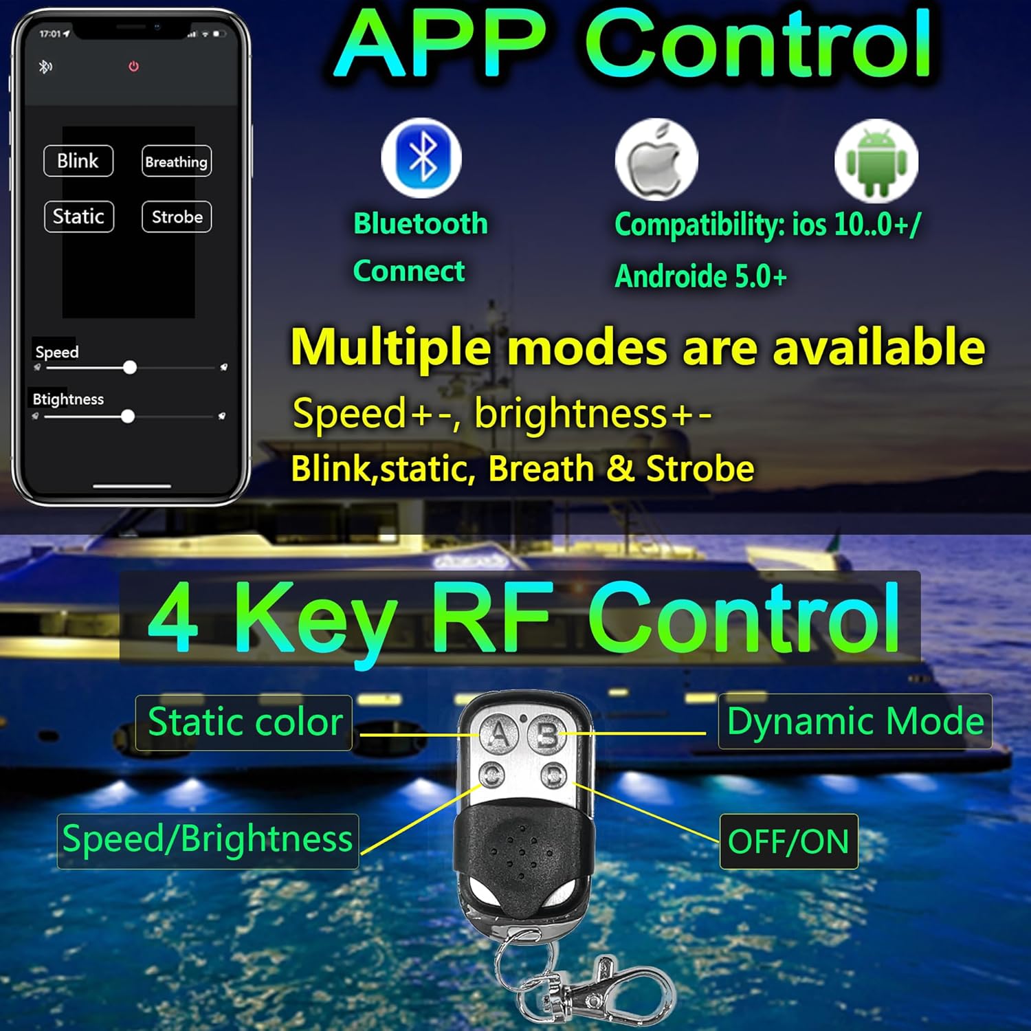 2Pcs Standard 1/2in NPT Boat Drain Plug Light Underwater Boat LED Light,Boat Trailer Light with APP RF Remote Control for Fishing Swimming Divinng,Smart Cooling System,40W,4100LM(Blue)