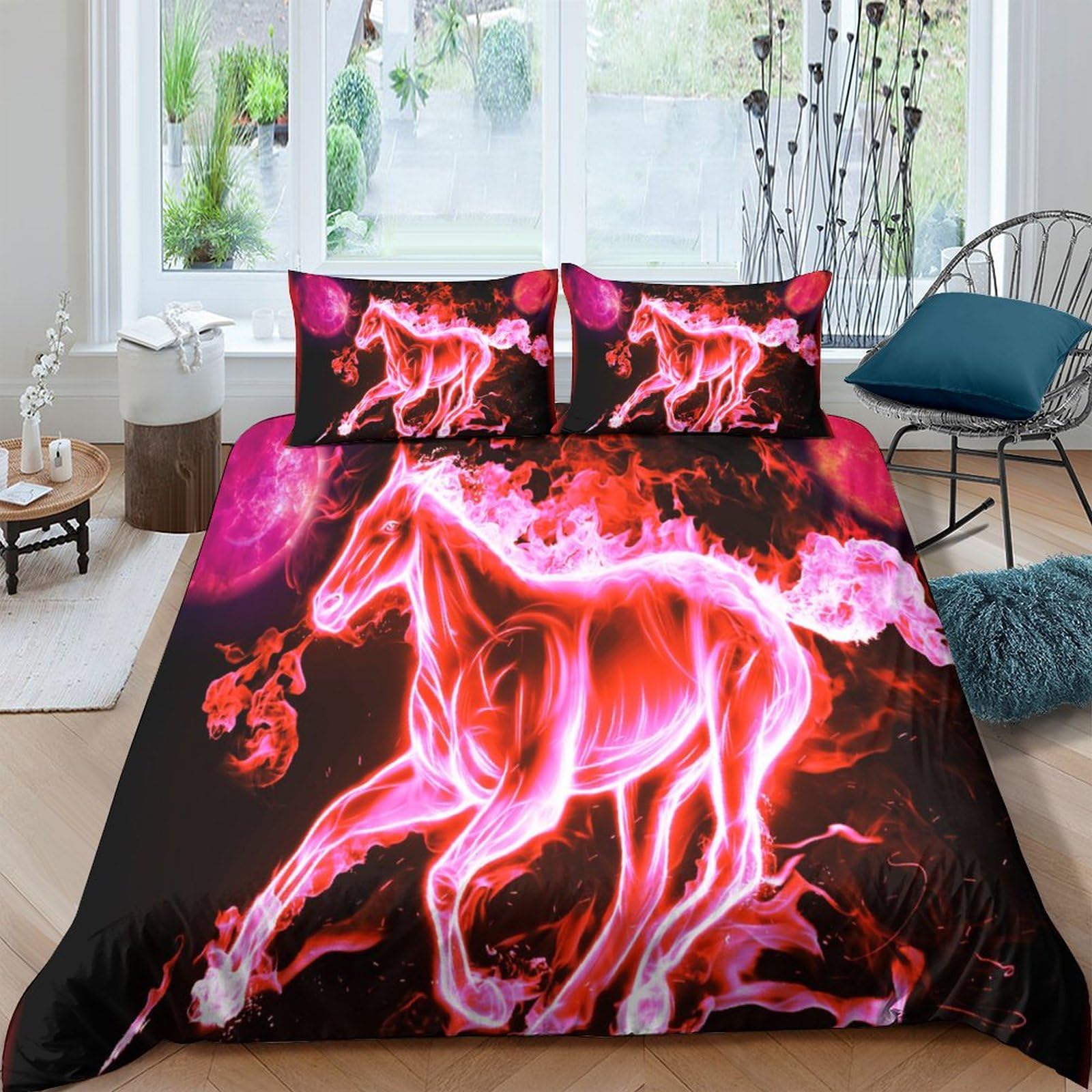 Housse de couette cheval lumineux 3D parure de lit microfibre 220x240cm