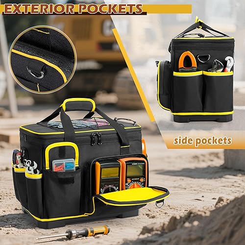 Miniatura 4 de Bolsa de herramientas de 16 pulgadas con parte inferior dura y un divisor desmontable, bolsa de herramientas resistente con múltiples bolsillos,