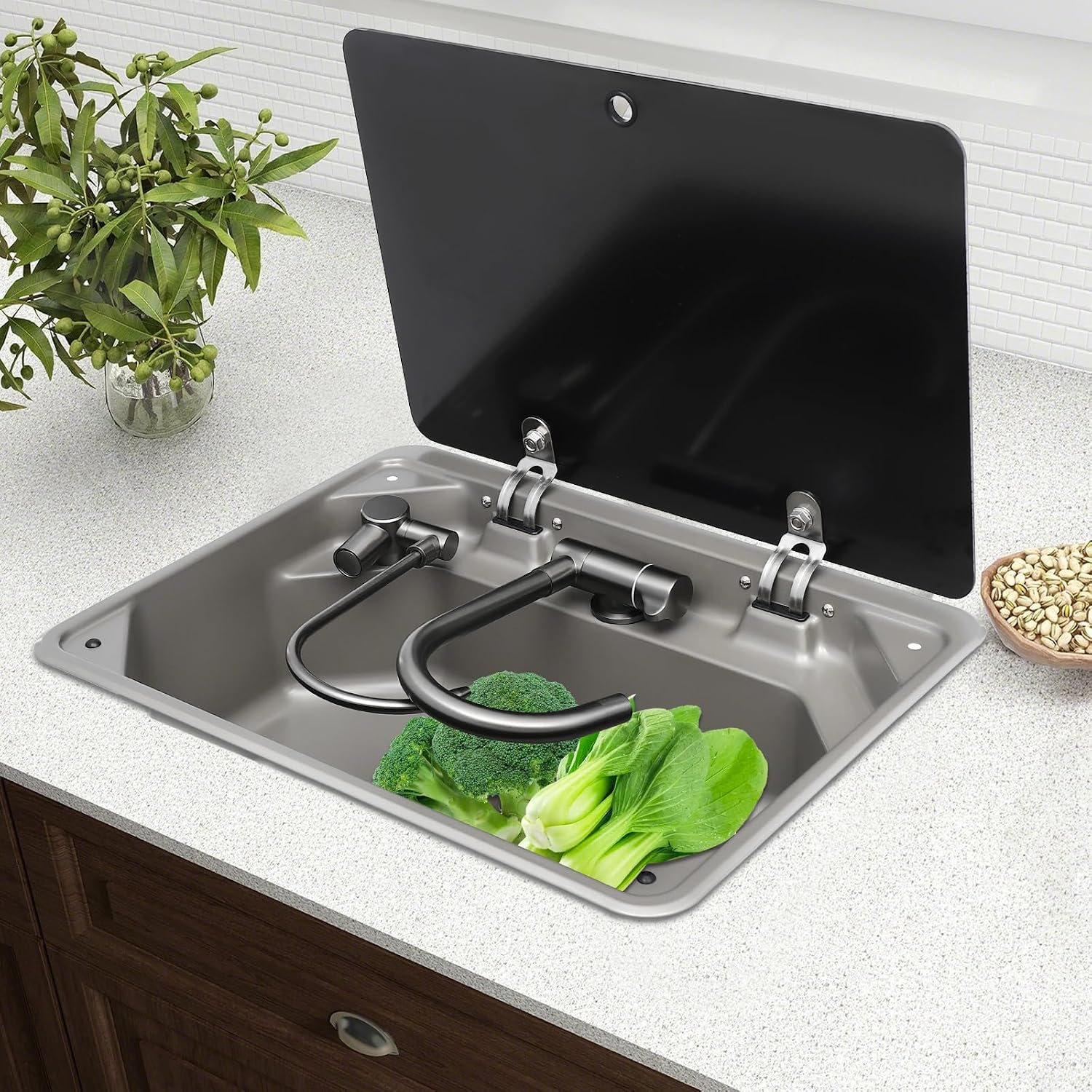 Rv Sink Rv Caravan Or Boat Stainless Steel Hand Wash Basin Sink with Folded Faucet Tempered Glass Lid Van Camper Trailer Accessories Sink with Hot and Cold Water Tap