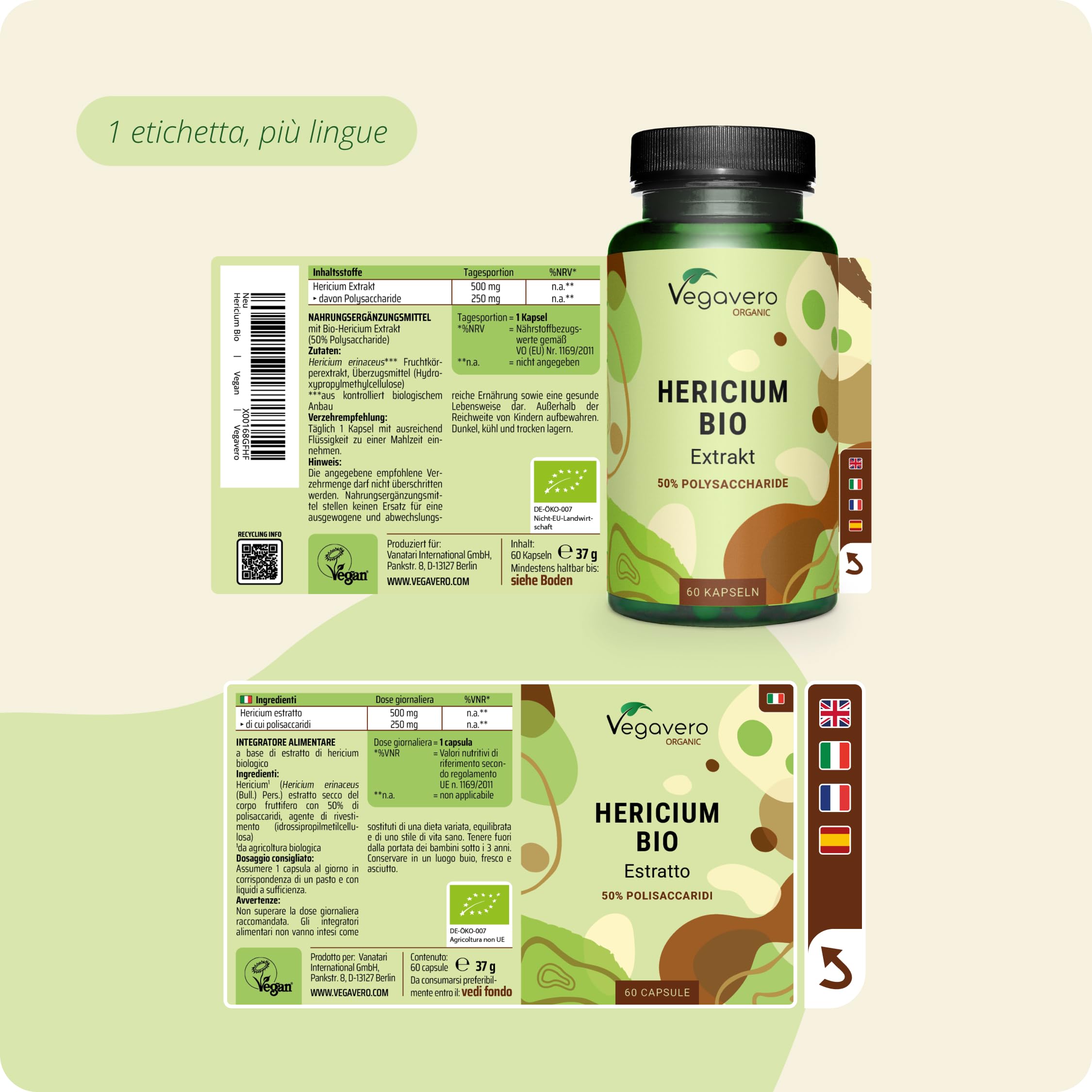 Hericium Erinaceum BIO | 50% di Polisaccaridi | Lions Mane Mushroom Biologico | Testato in Laboratorio | Sistema Immunitario | Vegano e Senza Additivi | Vegavero®
