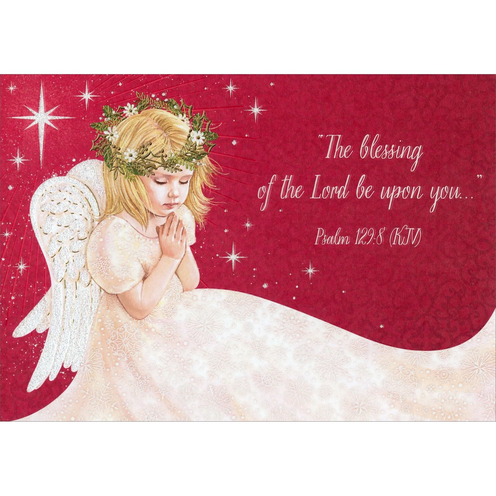Designer Greetings Praying Angel Child with Crown of Gold Foil Flowers on Red Box of 15 Religious Christmas Cards