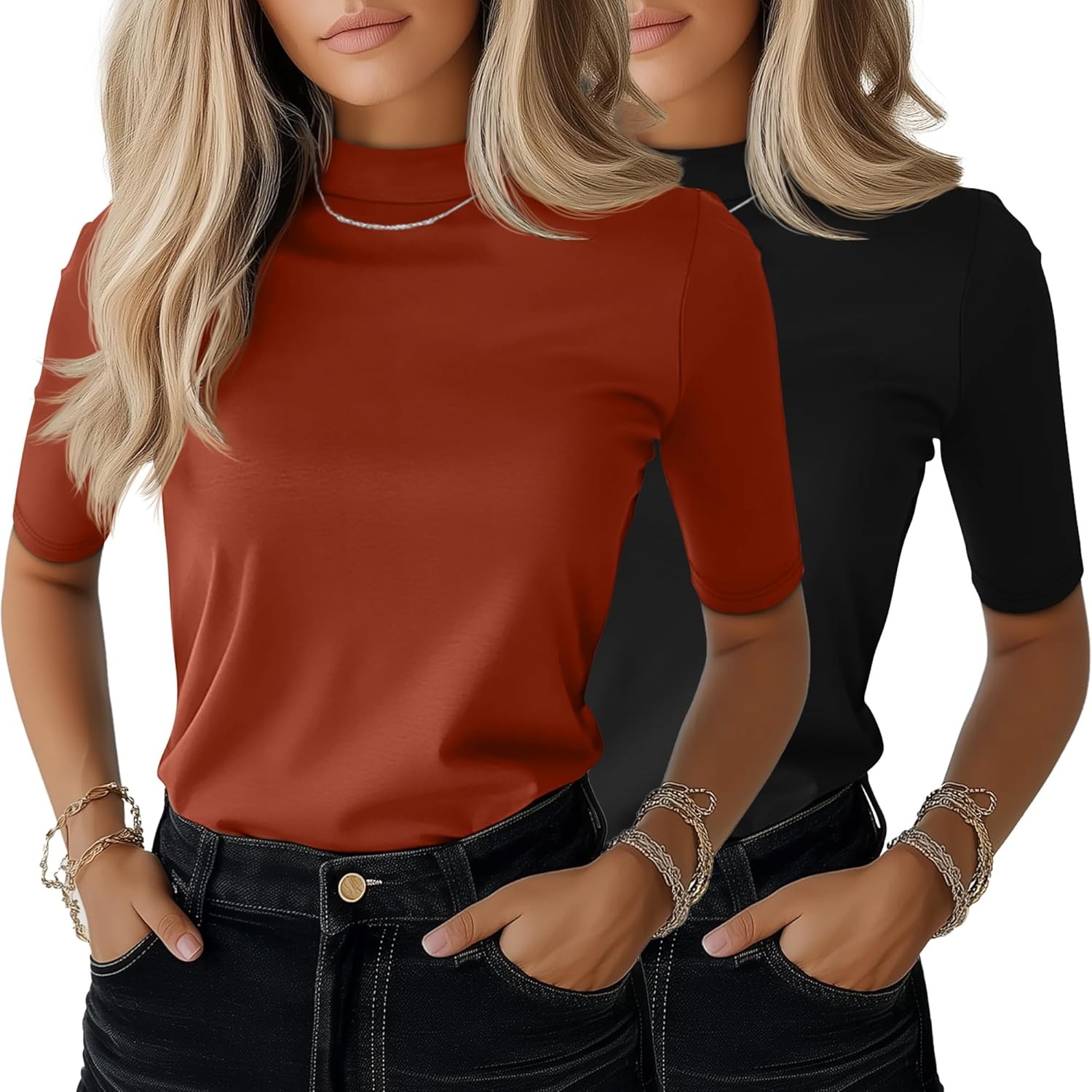 Ficerd 2 Pack Women's Mock Turtleneck T Shirts, Half Sleeve Business Casual Tunic Tops Slim Fit Summer Basic Dressy Tee Shirt