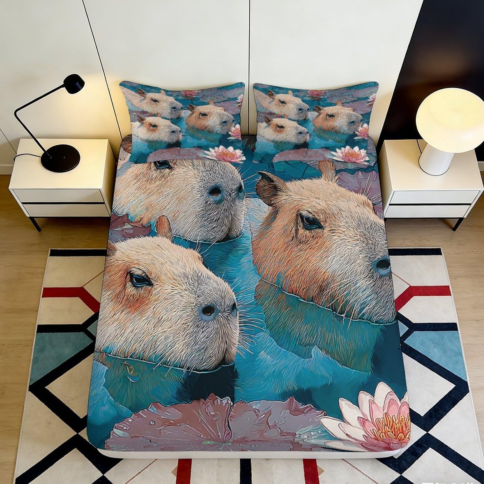 Pnayamiorkfel Style-3 3D Printed Capybara Water Lily Fitted Sheet Microfiber Soft Bed Cover For Bedroom Guest Room Mattress Decor 90X200x25cm