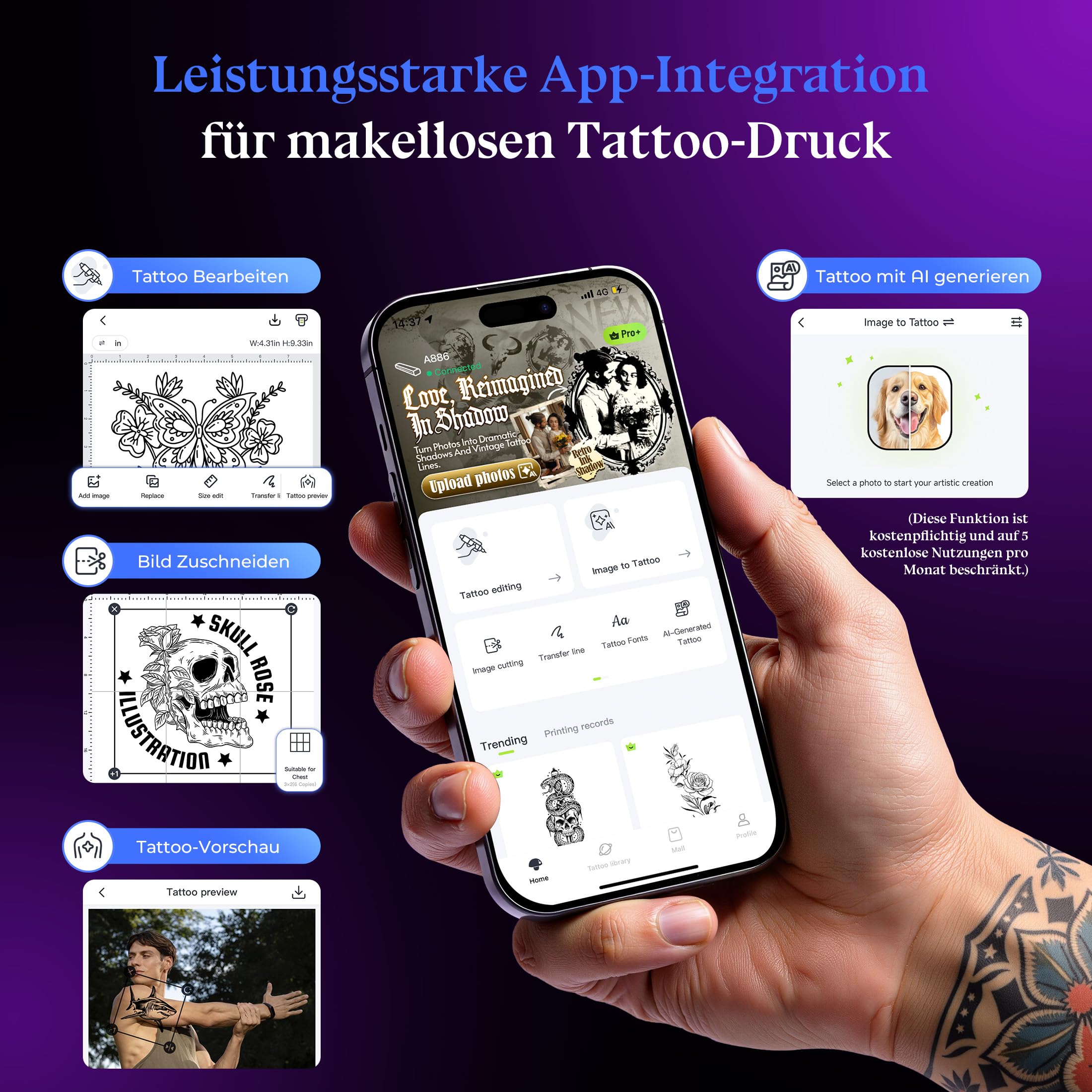 Itari A886 Tattoo Stencil Drucker Bluetooth, Schablone Drucker Übertragungskits Kompatibel mit Smartphone & PC, Thermodrucker Tattoo Maschine mit 10 Blätter Papier für Anfänger und Künstler, Schwarz
