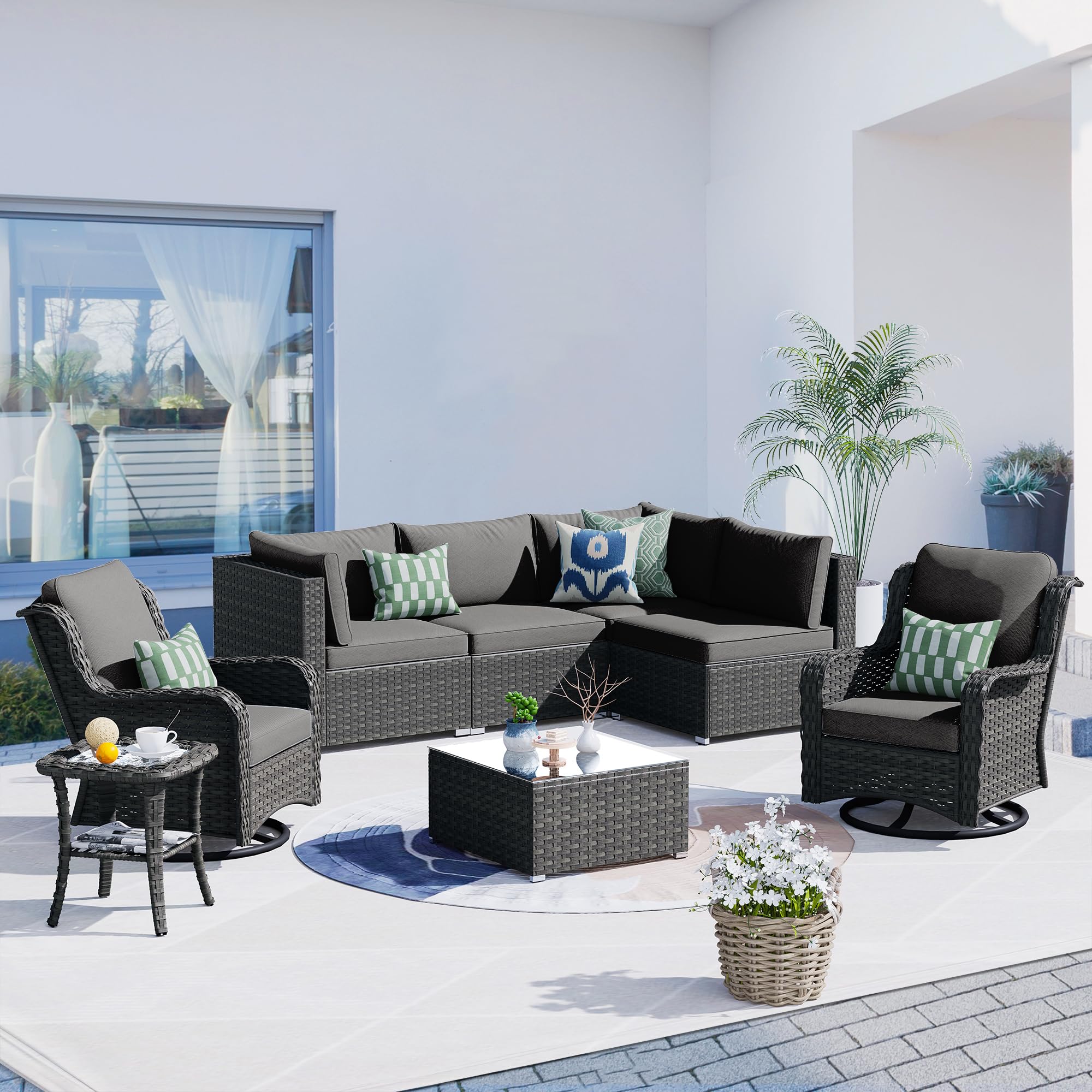 HOOOWOOO Patio Outdoor Sectional Furniture Sofa Set with Swivel Chairs,8 Piece L Shaped Corner Wicker Rattan Couch Set with Glass Table,Modern 6 Persons Summer Patio Conversation Set(Black)