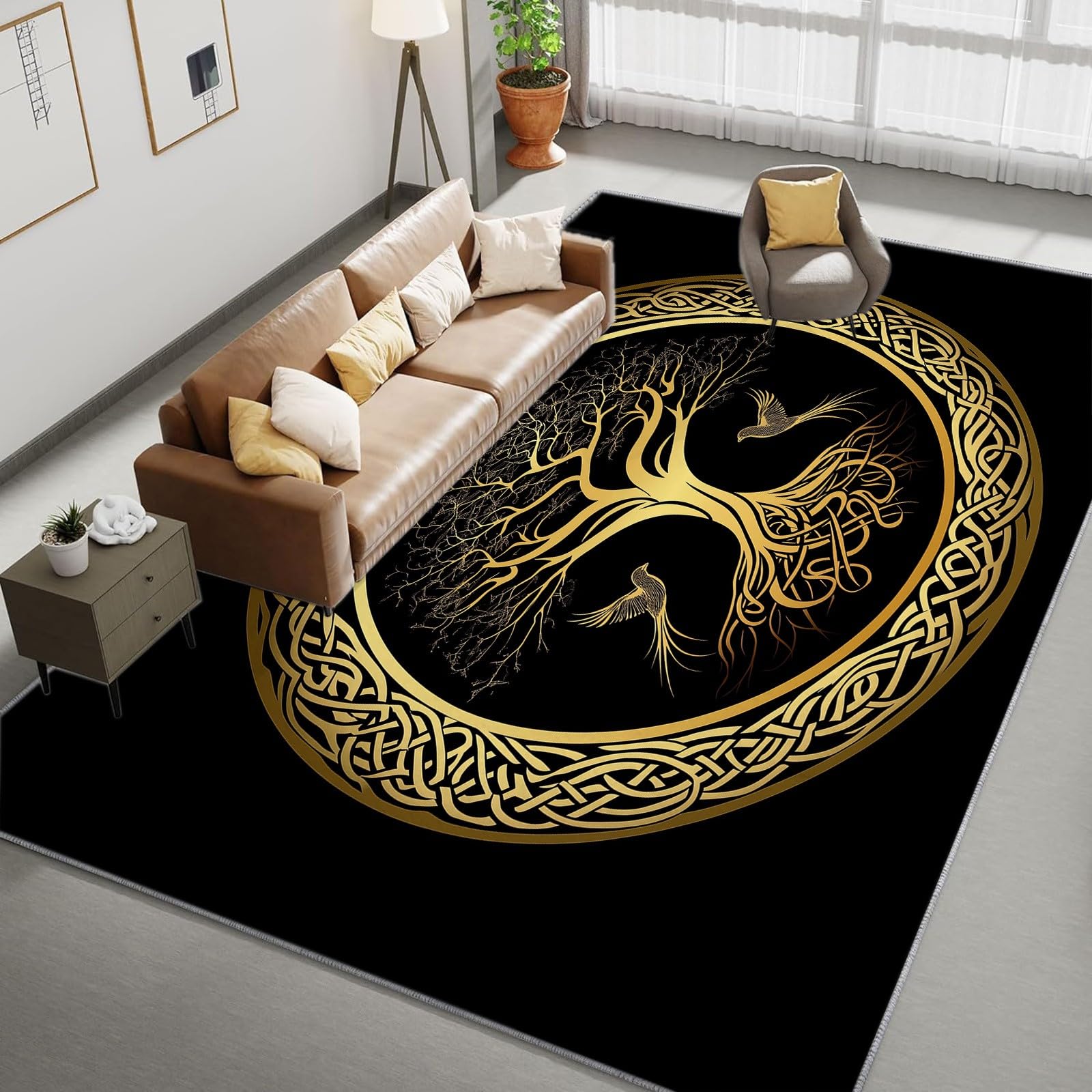 Tapis Antidérapant 140 x 200 cm Runner à Poils Courts Arbre de Vie Runes Abstrait Oiseaux pour Salon, Or Noir Tapis Rectangulaire Doux pour Chambre, Décoration Maison, Runner Lavable, Couloir