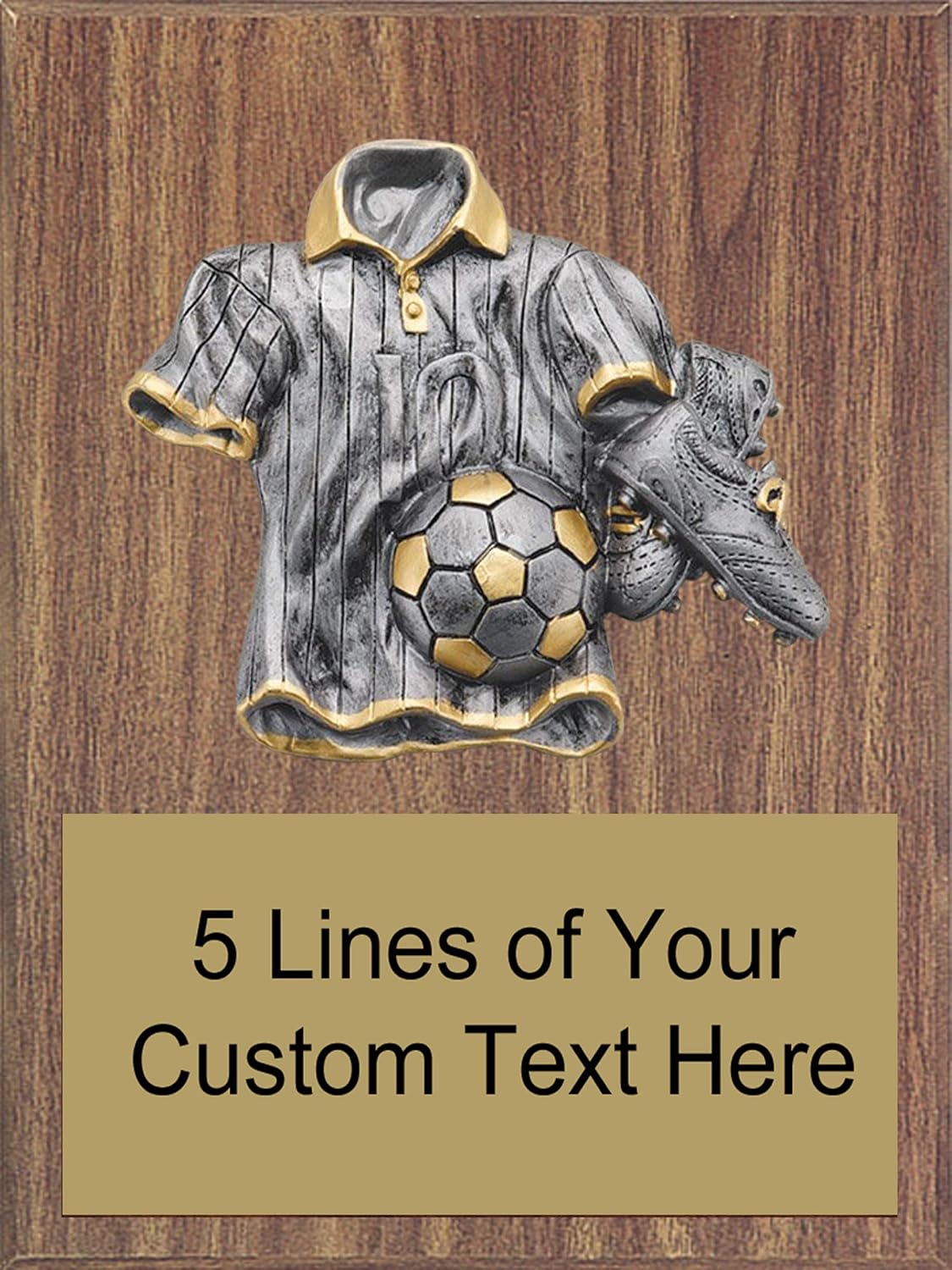 Express Medals 8 x 10 Walnut Finish Wood Soccer Plaque Trophy Award with 4 inch Tall Heavy Resin Sport Jersey Detail and Up to 5 Lines of Free Engraving