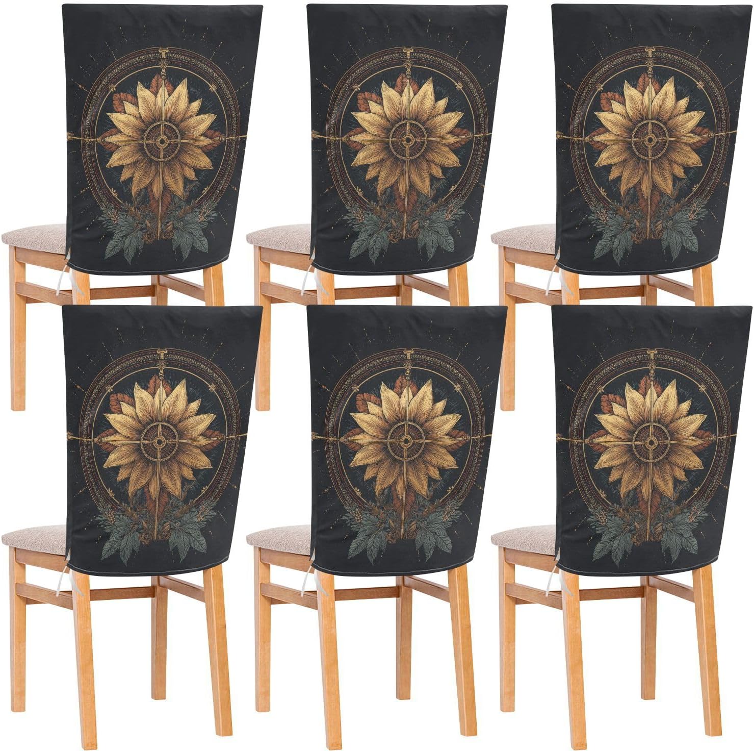 ALAZA Nautical Compasses and Sunflowers Chair Back Cover Set of 6, Washable Reusable Removable Chair Slipcovers Decorative Chair Cover for Home Kitchen Wedding Party