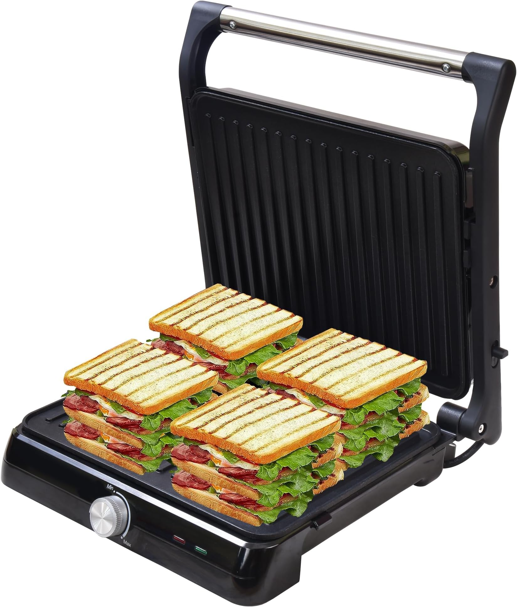Griller Sandwich Maker - 2000 W 4 Slice Sandwich Maker Electric With Non Stick Plates Opens to 180°, Cool Touch Handles, Temperature Control And Drip Tray,Black