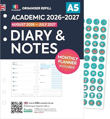 Academic 2026-2027 A5 size Diary & Notes organiser diary refill insert | August 2026   July 2027 | Monthly/Weekly | Compatible with Filofax A5 organisers | 148 x 210mm