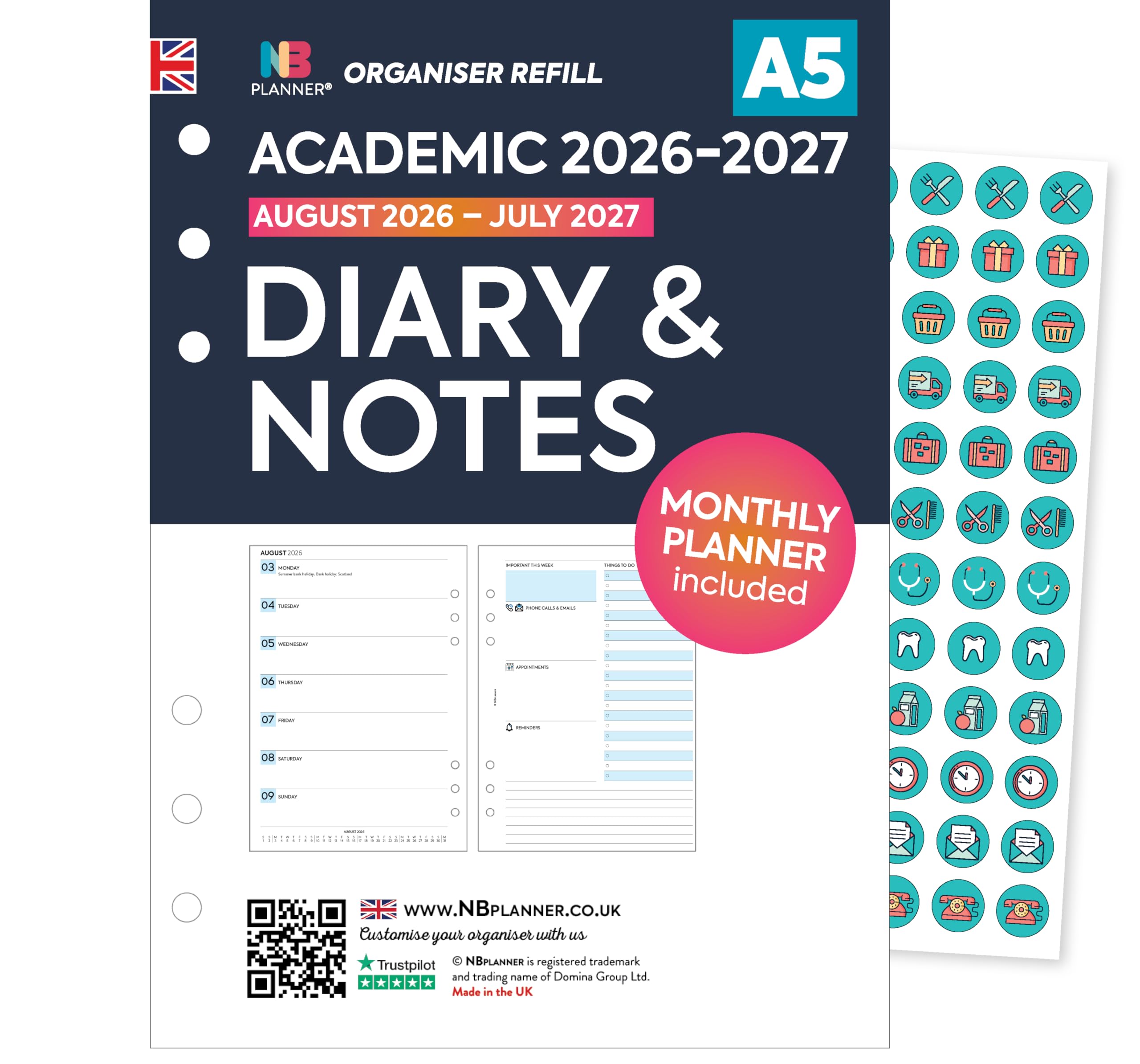 Academic 2026-2027 A5 size Diary & Notes organiser diary refill insert | August 2026 – July 2027 | Monthly/Weekly | Compatible with Filofax A5 organisers | 148 x 210mm