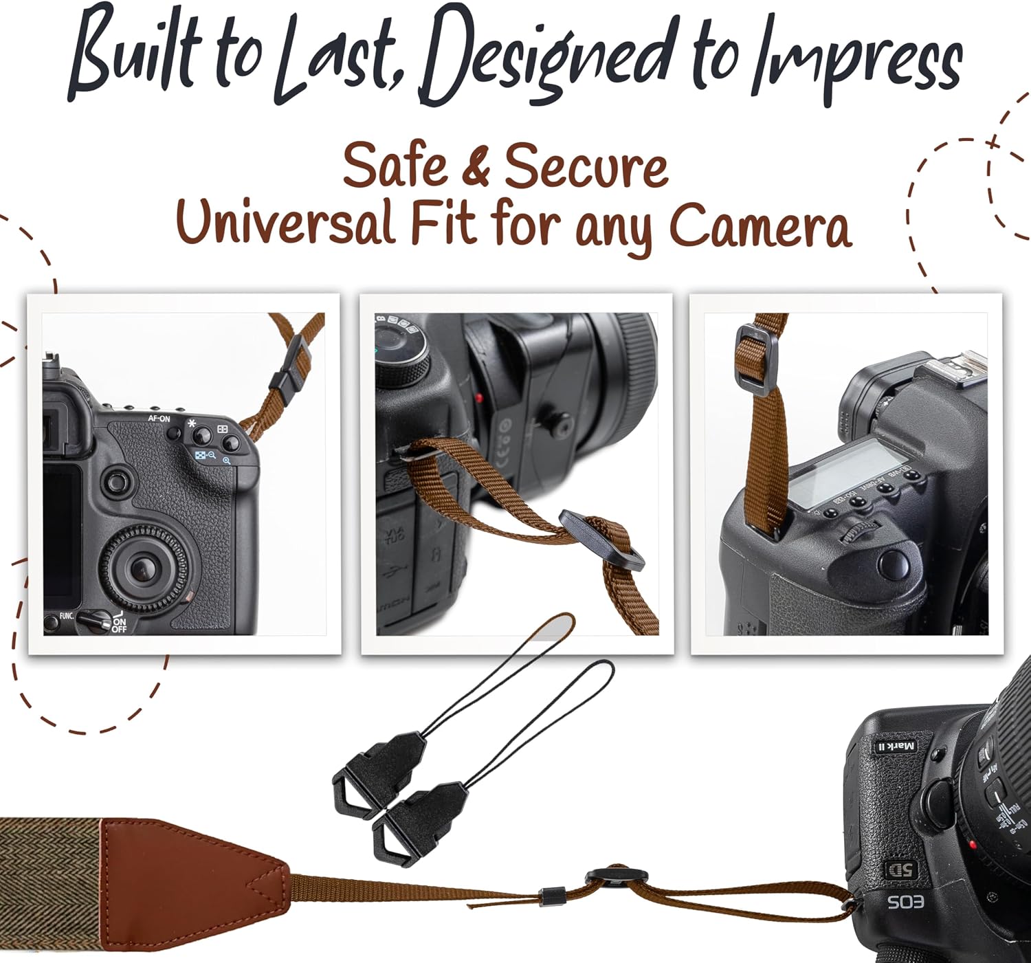 Camera Strap - Shoulder, Crossbody & Neck Camera Strap for Photographers, Fits All Cameras, Canon Nikon Sony Fujifilm, Padded Strap W/ Quick Release, Embroidered Cotton & Leather Ends, Brown Jeans