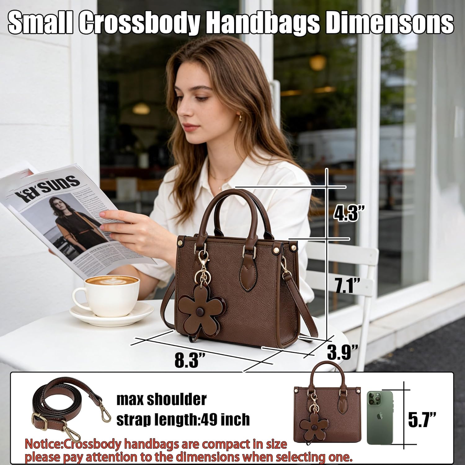 Small Crossbody Bags for Women Mini Leather Shoulder Purses Tote Handbags with Adjustable Strap 8.3”Lx3.9”Wx7.1”H