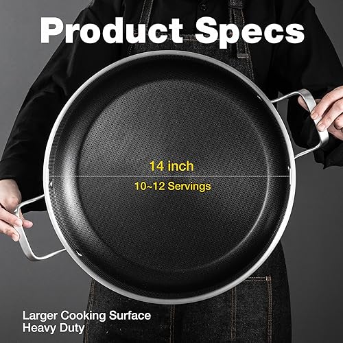 Miniatura 3 de Paella de tres capas de acero inoxidable de 14.5 pulgadas, 12 porciones con tapa, sartén grande antiadherente 1810, olla jumbo, bandeja de