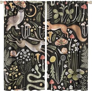 Farmhouse Forest Curtains, Fairy Tale Woodland Wild Animals Moths Owl Snake Window Drapes, Cartoon Flowers Mushroom Moon Star Print Blackout Window Treatments for Living Room Kids Bedroom 55x63in
