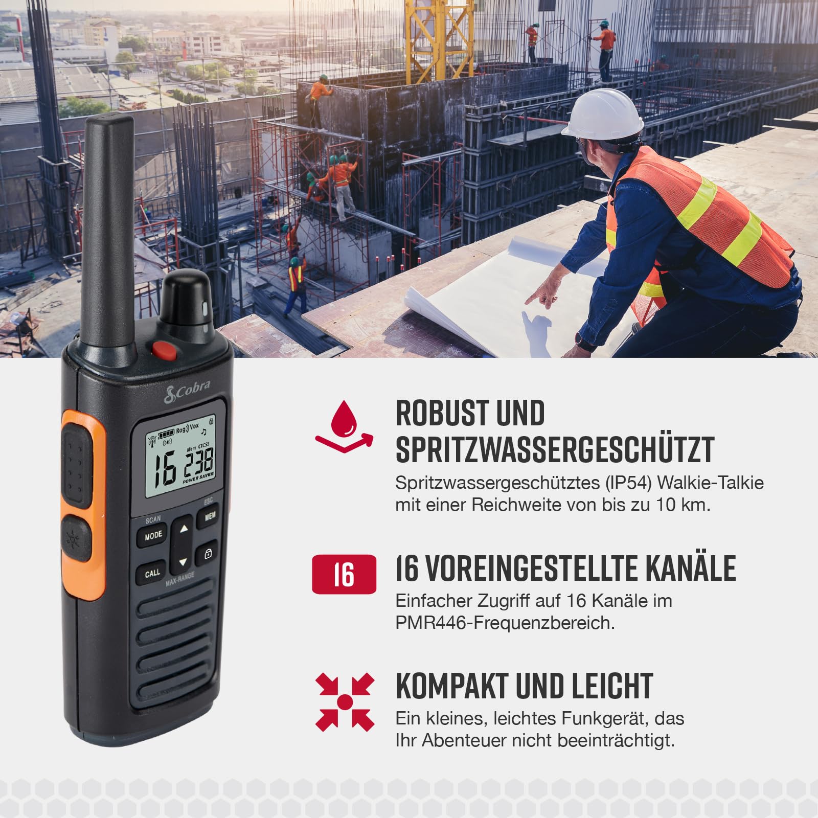 Cobra RX680 Walkie-Talkies (2er-Pack) – Wiederaufladbare PMR446-Funkgeräte für Freizeit und Beruf, große Reichweite, staubgeschützt und spritzwassergeschützt (IP54), Schwarz und Orange