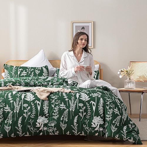 Miniatura 6 de Janzaa Funda de edredón tamaño Queen, funda de edredón floral de 3 piezas, verde botánico esmeralda, juego de ropa de cama de microfibra suave con