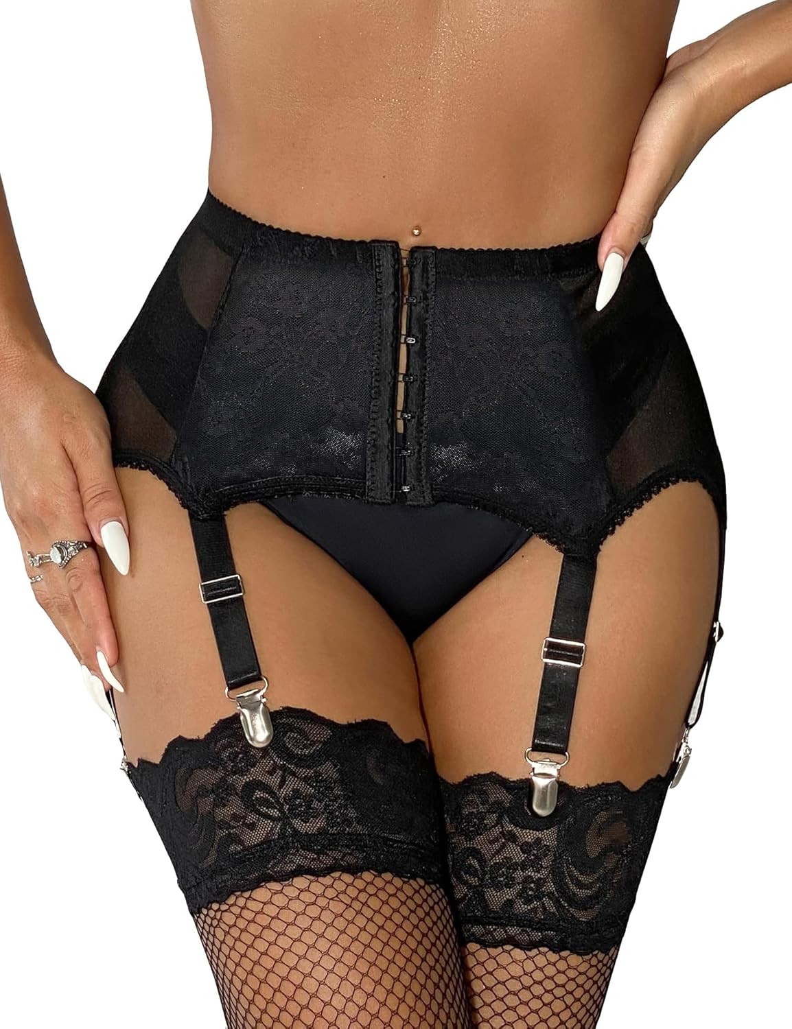 comeondear Garter Belt Set Plus Size Garter Belt and Thigh Highs Set Lace Suspender Belts for Women 6 Strap