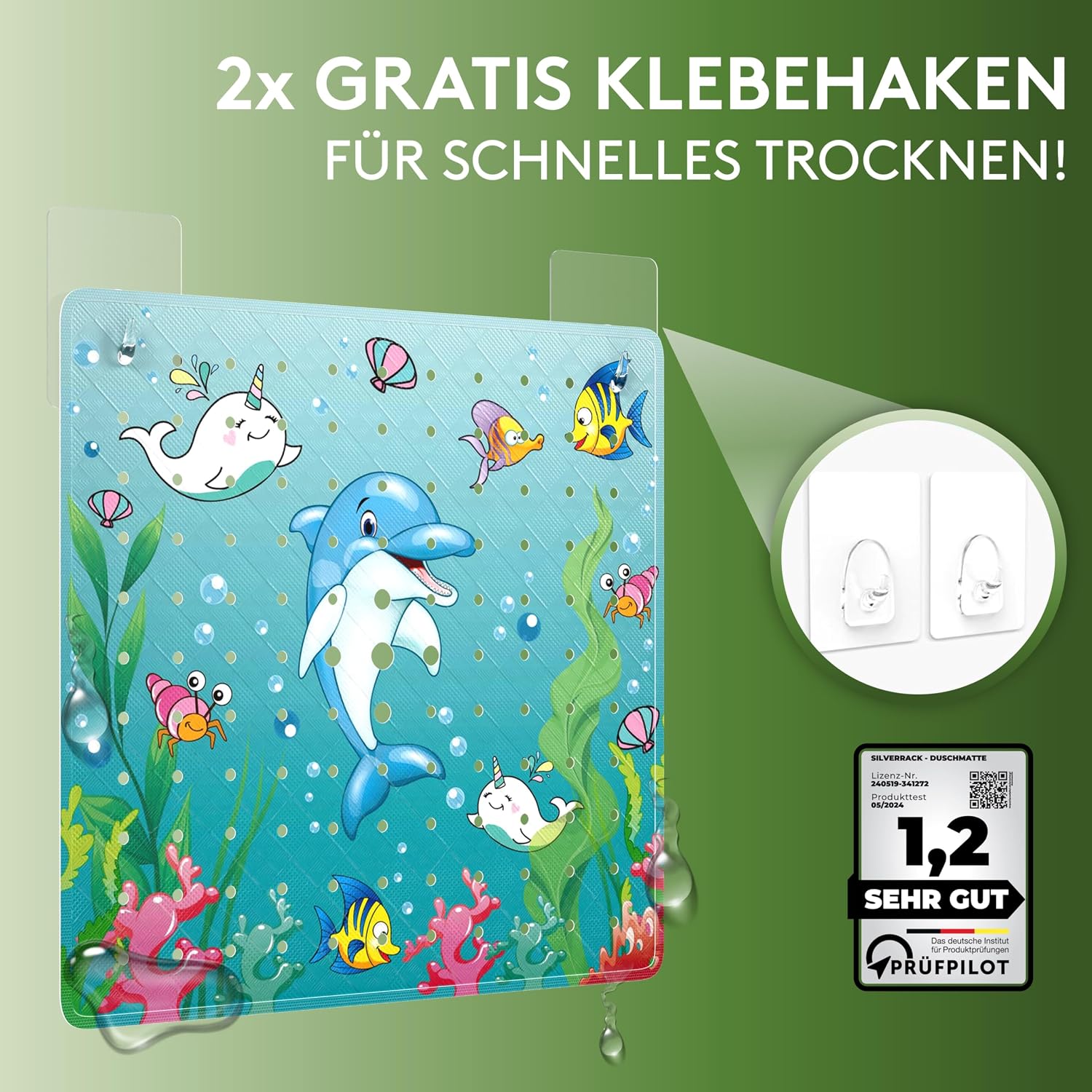SilverRack Antypoślizgowa mata prysznicowa dla dzieci 53 x 53 cm motyw delfina mata antypoślizgowa pod prysznic bez BPA dla dzieci mata łazienkowa antypoślizgowa nadaje się do prania w pralce
