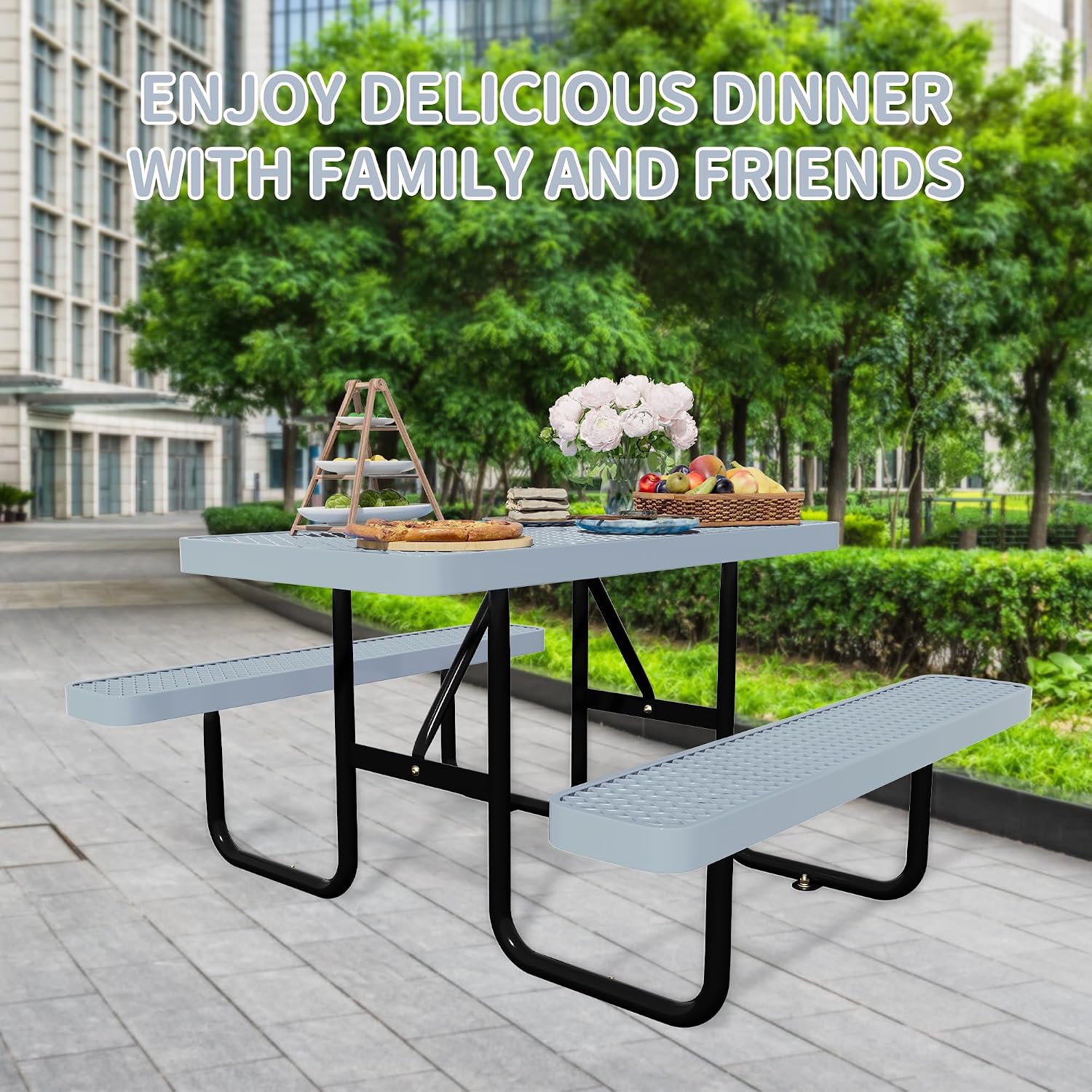 Picnic Tables for Outdoors,Commercial Metal Picnic Table Bench Set with Umbrella Hole,School Canteen Tables W/Seats - Heavy Duty Sturdy Picnic Tables Furniture for Patio Garden (Grey, 4FT)