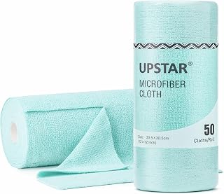 UPSTAR Microfiber Cleaning Cloth, Reusable Paper Towels Rolls, Cleaning Rags for Kitchen, Bathroom, Car, 12x12 inch, 50 Packs/Roll, Blue