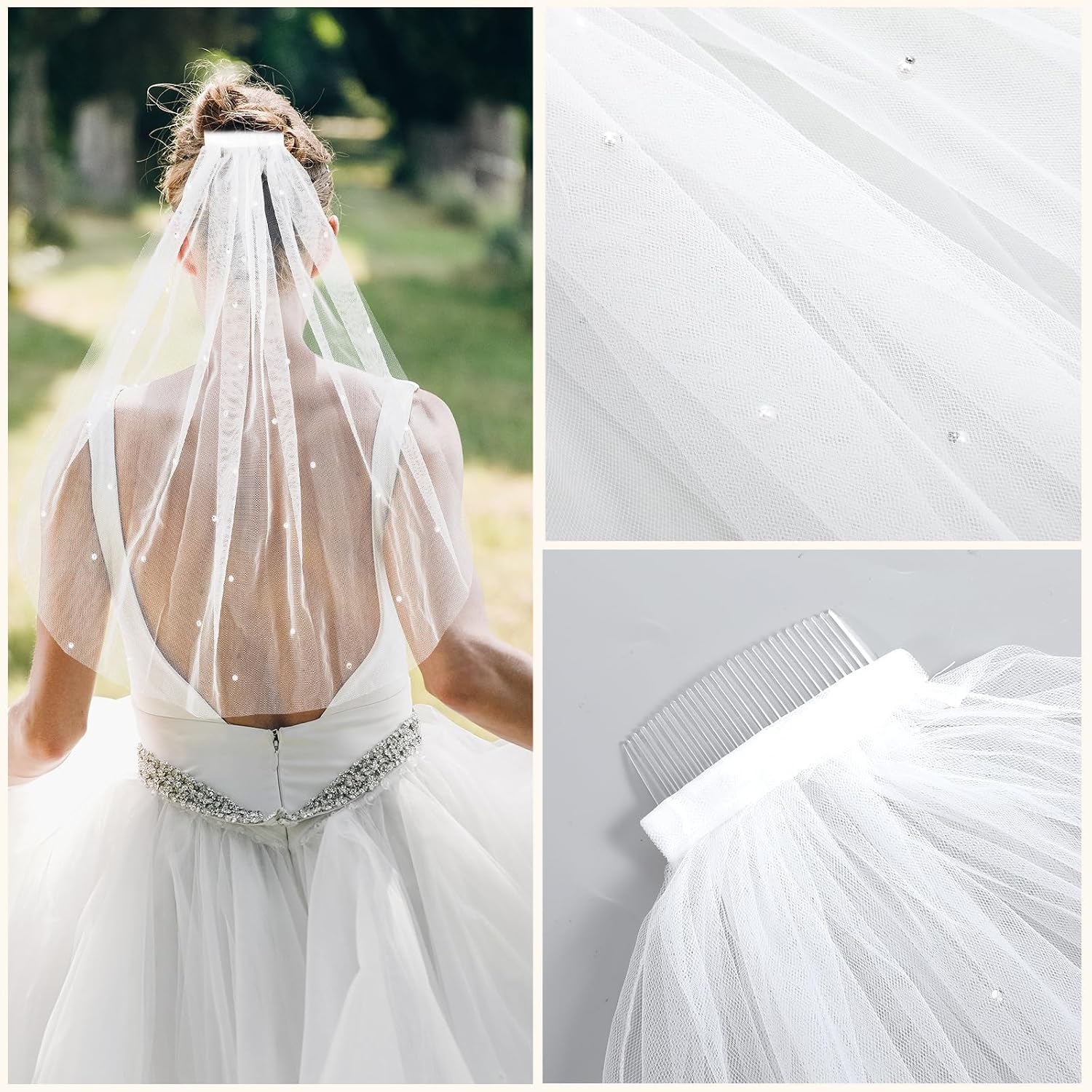 Psyqtsuary White Short Wedding Veil Short Bridal Veils Pearl Bride Veils Women's Shorts Vails with Pearl