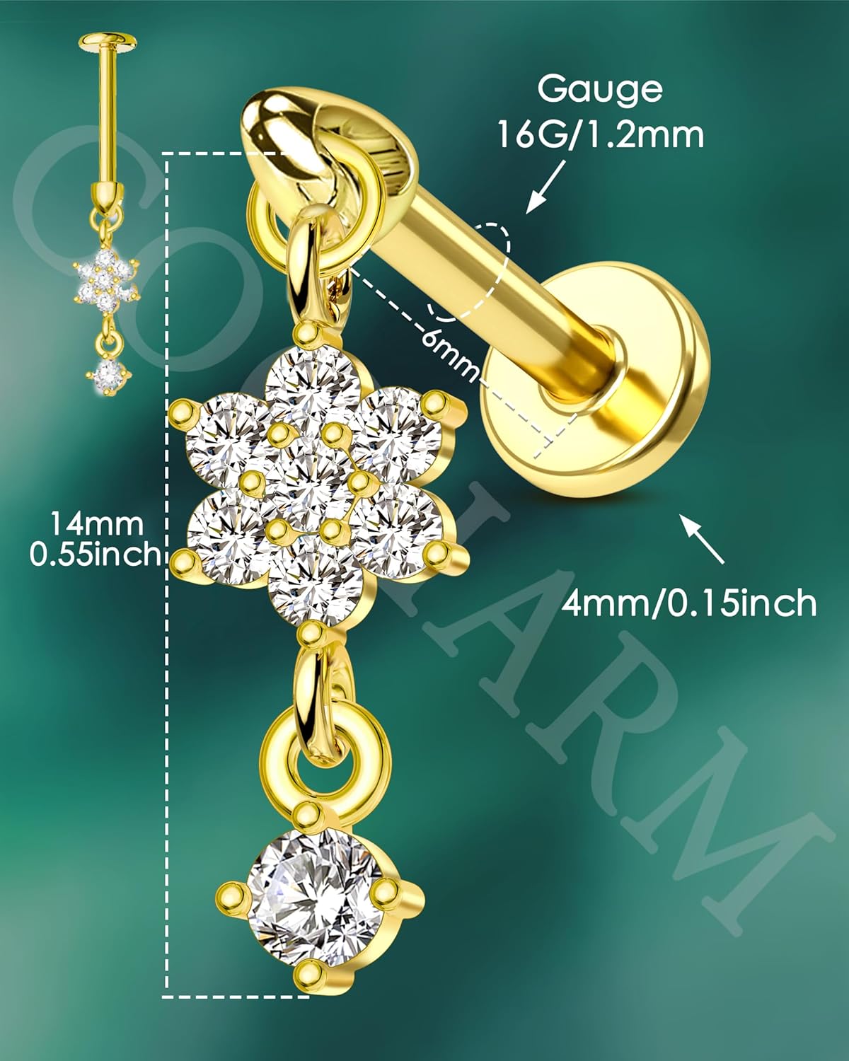 COCHARM 16G Flower Cartilage Earring Vertical Helix Piercing Jewelry, Flat Back Piercing Stud for Cartilage, Dangle Design, Gold and Silver Tone Lobe Helix Earring Stud - Image 3