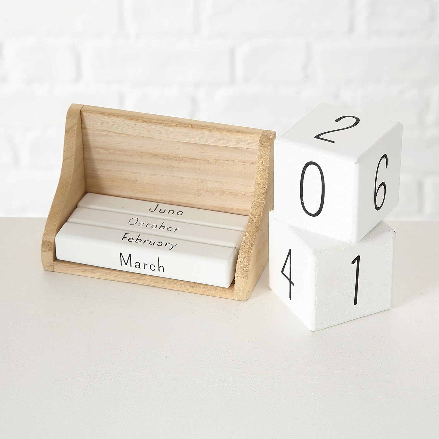 The Rustic Perpetual Block Calendar, Desktop Accessory, Wood, White and Natural, 5 1/2 L x 2 3/4 W x 3 1/2 H Inches