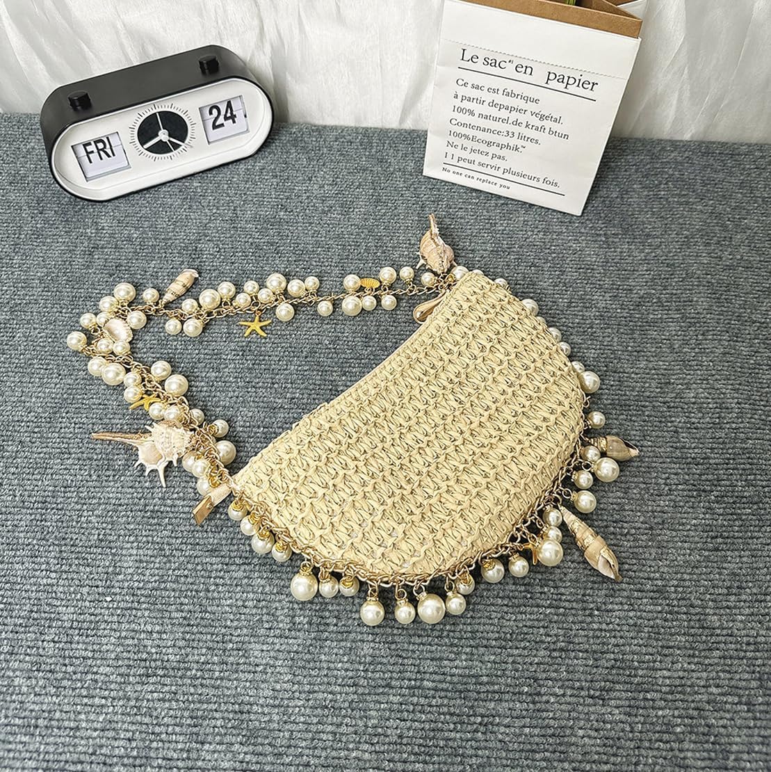 Pearl Straw Clutch Purse for Women Summer Vacation Purses Beach Evening Bag Beaded Shell Handbag - Image 6
