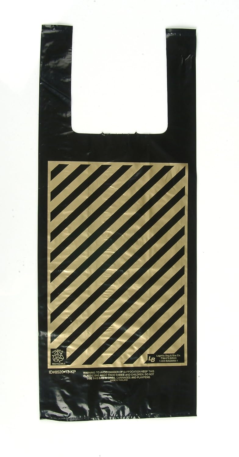 Plastic Shopping Bags, 6000pcs"Pint Liquor/Wine Bag" Size:7x4x15, 14 Microns LITE, Black Bags with Gold Stripes, 2.3 Cents Per Bag, 139.95 per Box.