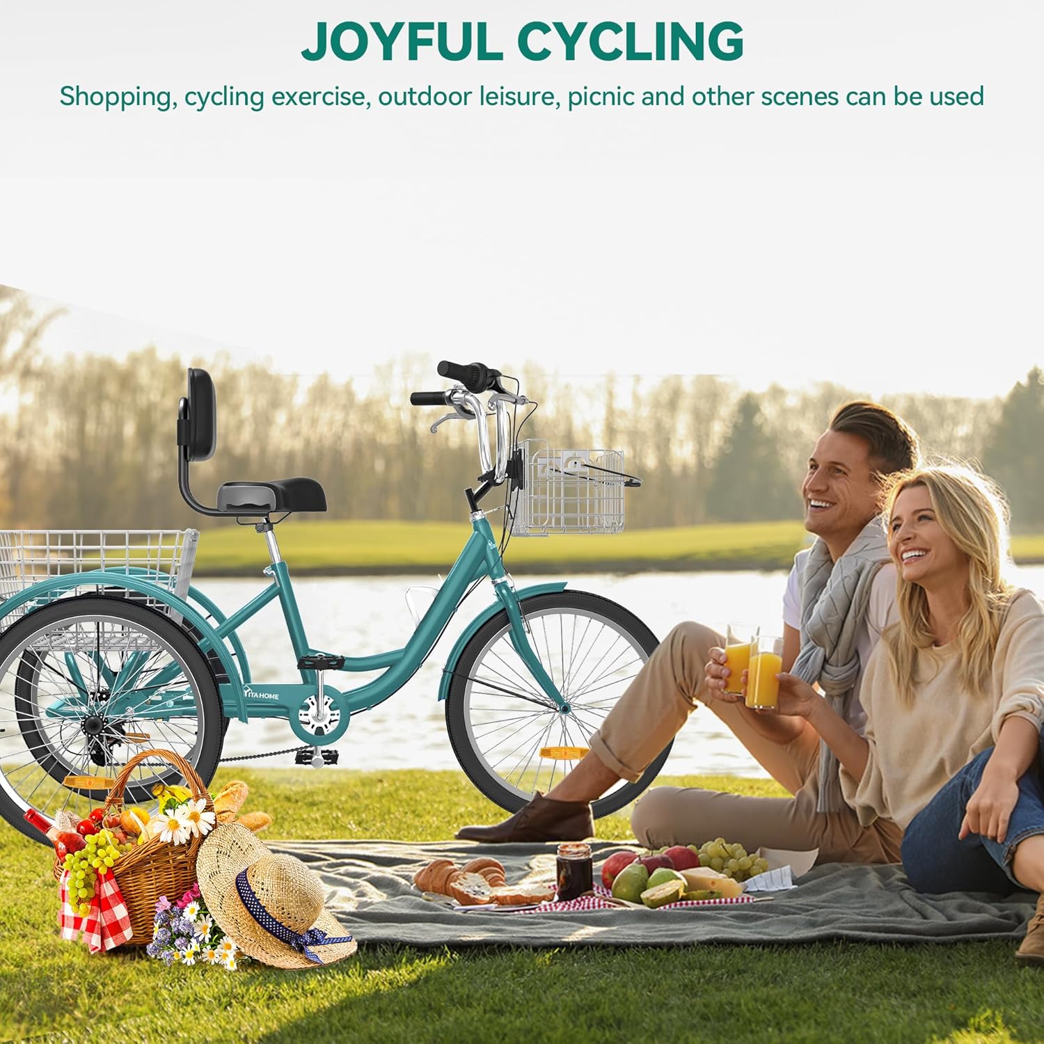 YITAHOME 24 & 26 Inch Adult Tricycle, 1 & 7 Speed 3 Wheel Bikes, Large Seat with Backrest Trike for Adults with Front & Rear Baskets, Cruiser Bike for Seniors Women Men Commute Picnic Outdoor