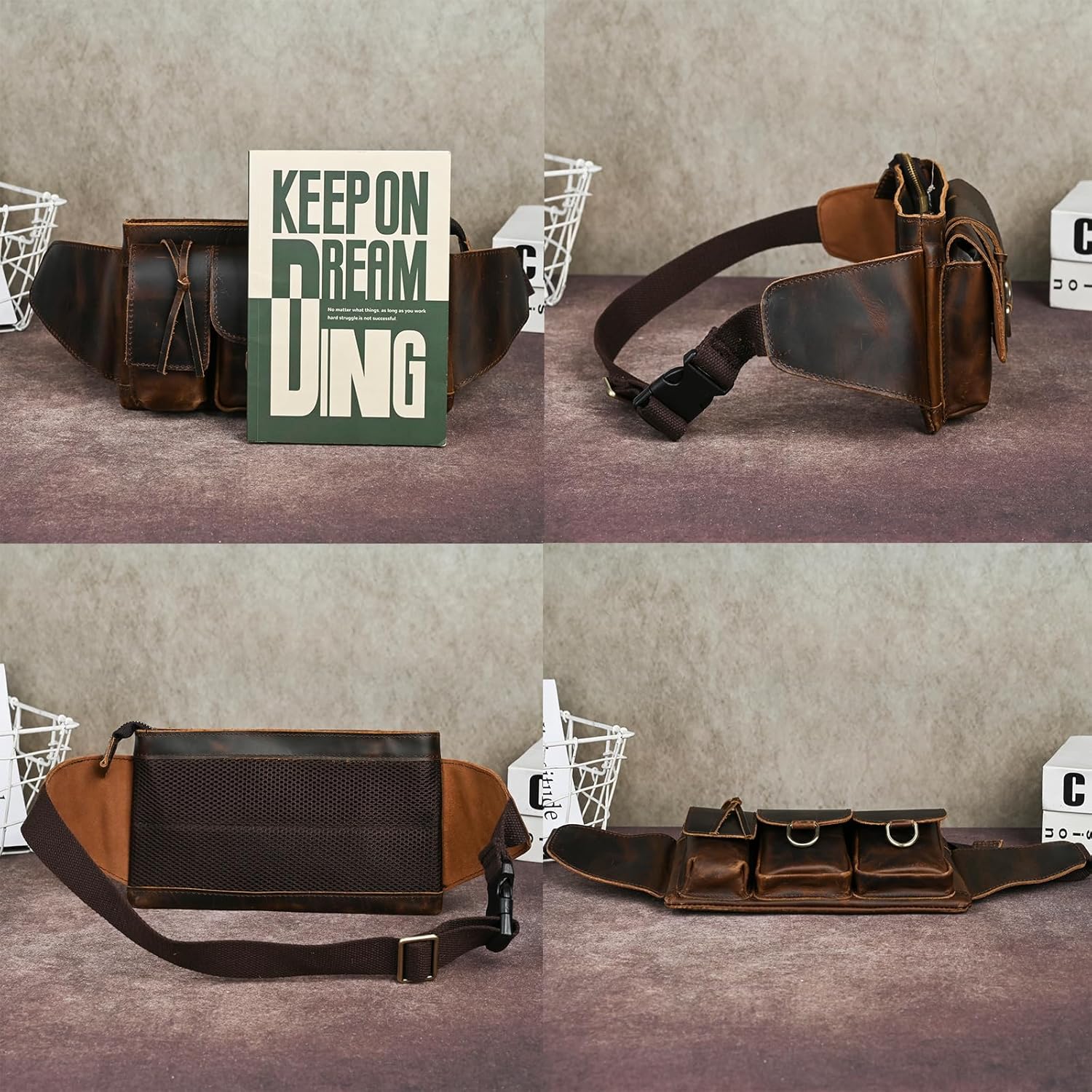 Water Resistant Canvas + Leather Hiking Riding Travel Fanny Waist Pack Small Phone Pouch For Men Women FB811-29 (100% Leather-The 341 Coffee)