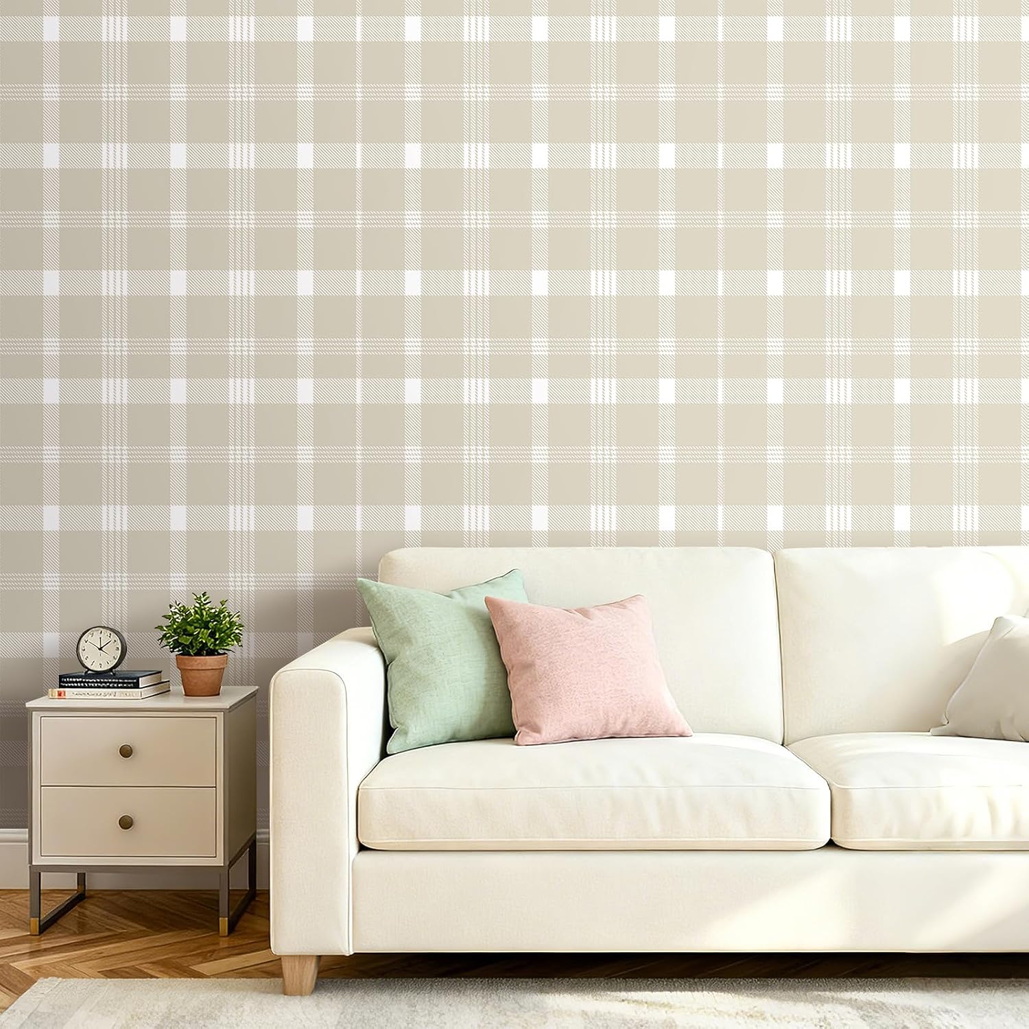 ICOOP Beige Plaid Peel and Stick Wallpaper 17.5"×276" Rustic Checkered Wallpaper Neutral Tailor Plaid Contact Paper for Desk Grid Gingham Wall Paper for Nursery Bedroom Kitchen Self Adhesive Vinyl