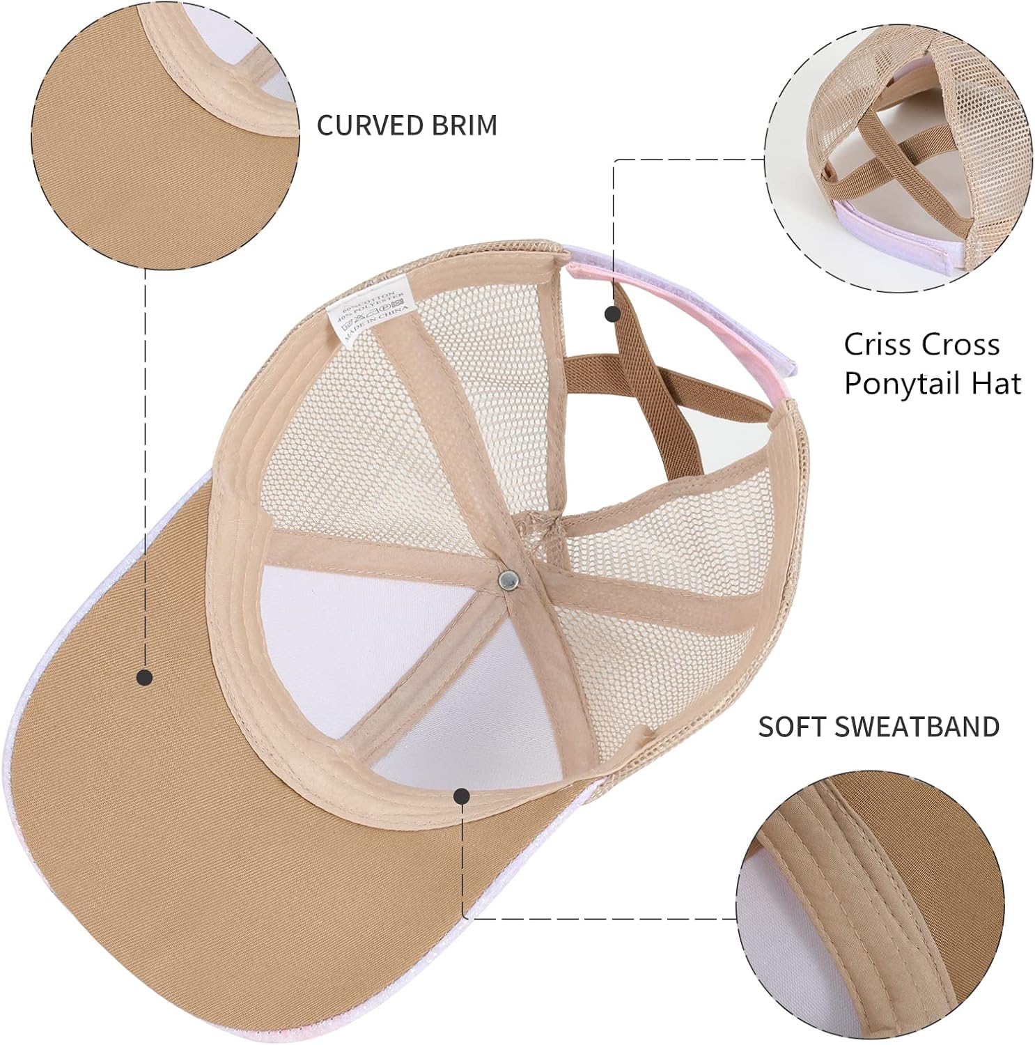 Girls Glitter Baseball Cap Criss Cross Hat, Girl High Ponytail Hat - Kids Trucker Hat with High Bun Messy Ponytail(Ages5-15) - Image 6