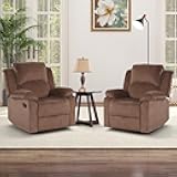 CANMOV Manual Recliner Chair Set of 2, Soft Fabric Overstuffed Recliner Single Sofa Chair for Living Room Bedroom, Heavy Duty and Safety Reclining Mechanism, Light Brown