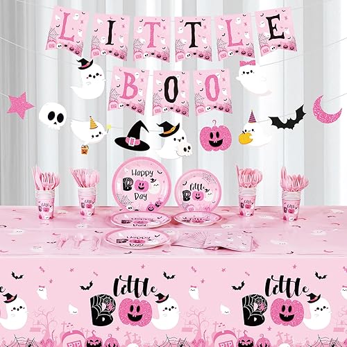 Miniatura 5 de Geyee 173 piezas de suministros de fiesta de Halloween rosados, incluye 24 unidades, incluye mantel rosa de Halloween, cumpleaños, calabaza,