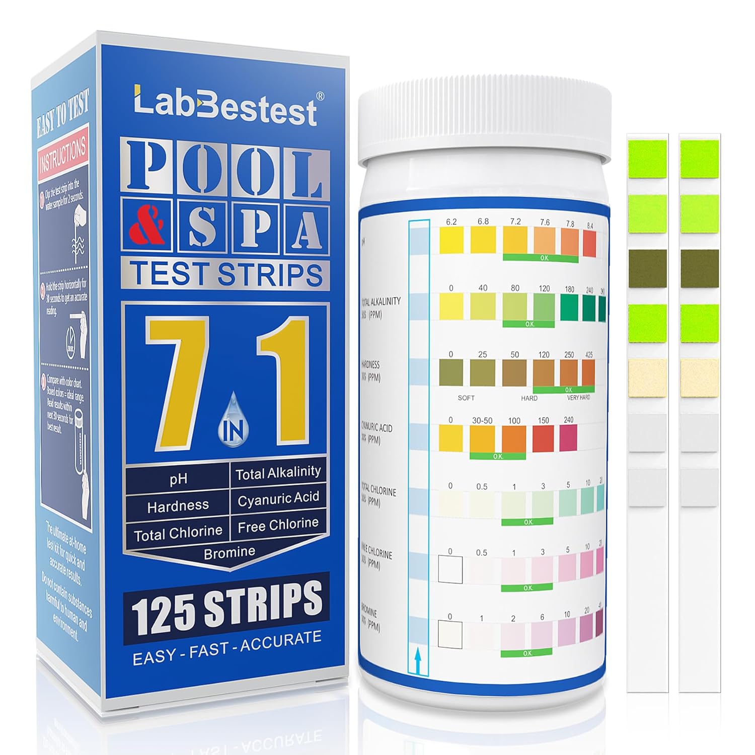 Pool Spa and Hot Tub Test Strips – 125 Pool Spa Test Strips – Swimming Pool Water Testing Kit – Rapid Accurate Easy to Test pH, Hardness, Bromine, and More (7-Way)