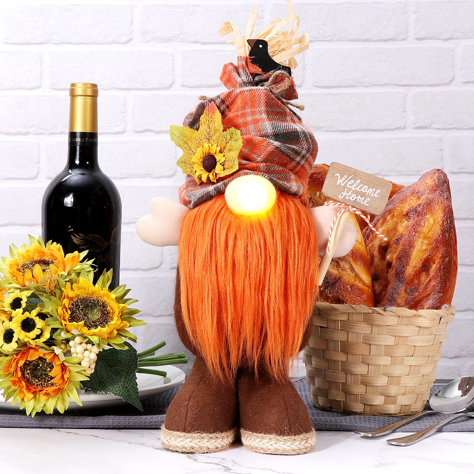 GMOEGEFT Fall Gnome Plush with Lighted Nose, Rustic Plaid Autumn Tomte with Sunflower Maple Leaf Welcome Home Sign, Scandinavian Elf Nisse Harvest Festival Thanksgiving Day Halloween Decoration