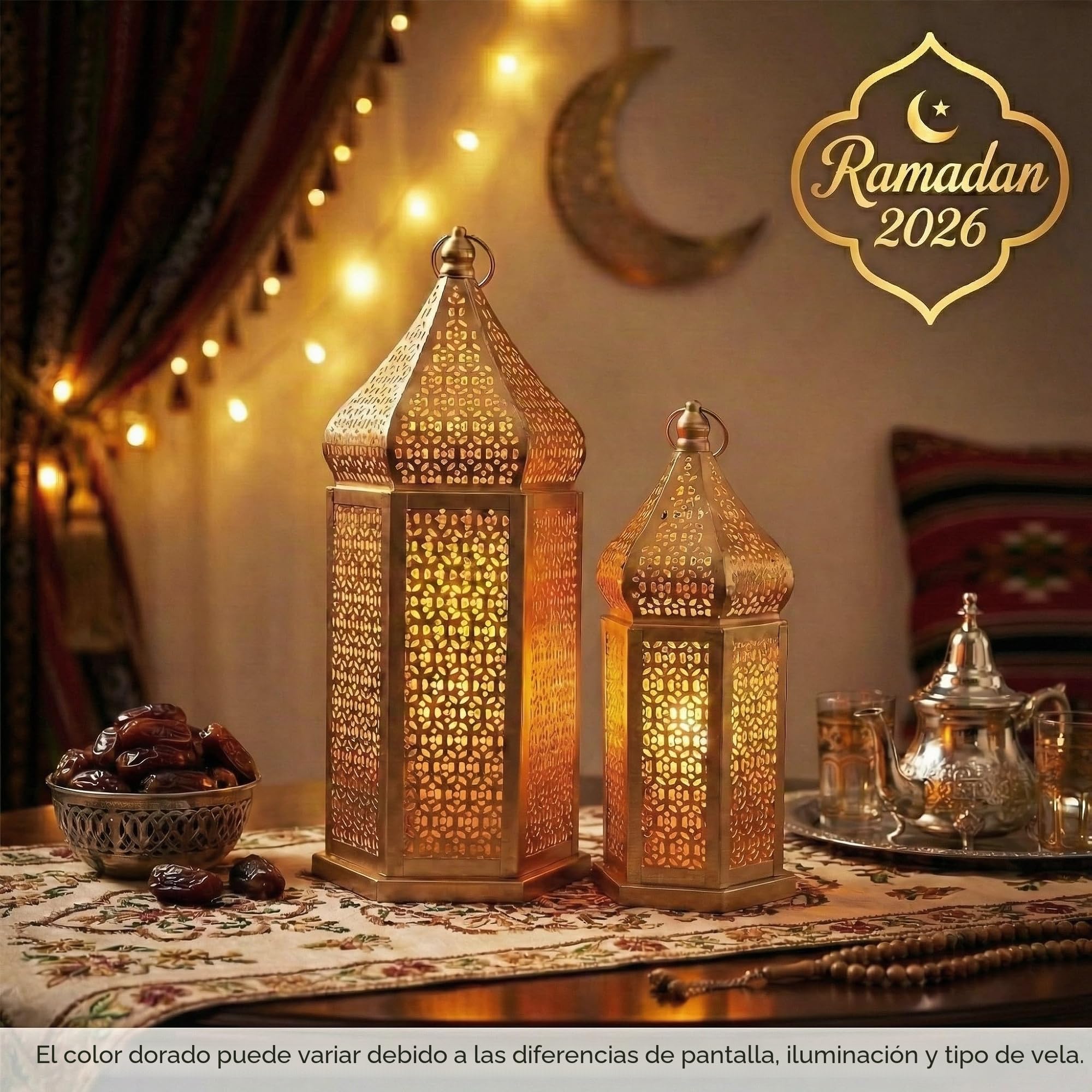 Vela Lanterns Temple Tower - Portavelas decorativo grande marroquí para Ramadán, patio, decoración del hogar, bodas, dorado, juego de 2 faroles | Decoraciones de Ramadán para el hogar, portavelas islámico Eid para centros de mesa o colgar, 11 y 15.25 pulg