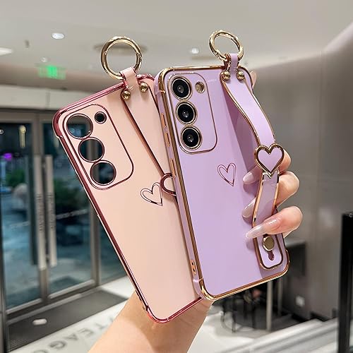 Vista 29 de ZTOFERA Funda para Samsung Galaxy S22 Plus 5G con correa para la muñeca, bonito borde chapado de lujo, patrón de corazones de amor para niñas y Azul