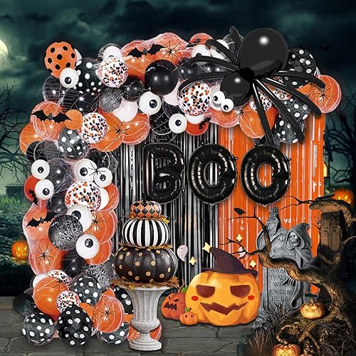 116 globos de fiesta de Halloween, kit de guirnalda de arco de globos de Halloween, globos de confeti negro naranja, cortina de flecos de aluminio