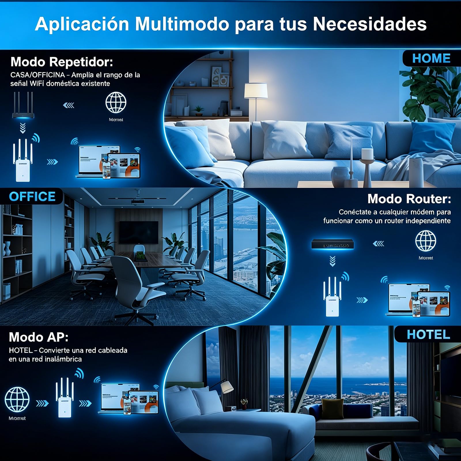 COMFAST Repetidor WiFi, AC1200M Amplificador Señal WiFi, 2.4/5 GHz Amplificador WiFi Potente con Puerto Ethernet, 4 Antenas Externas, Extensor de WiFi para Casa y Oficina, WPS, Repetidor/Router/Ap