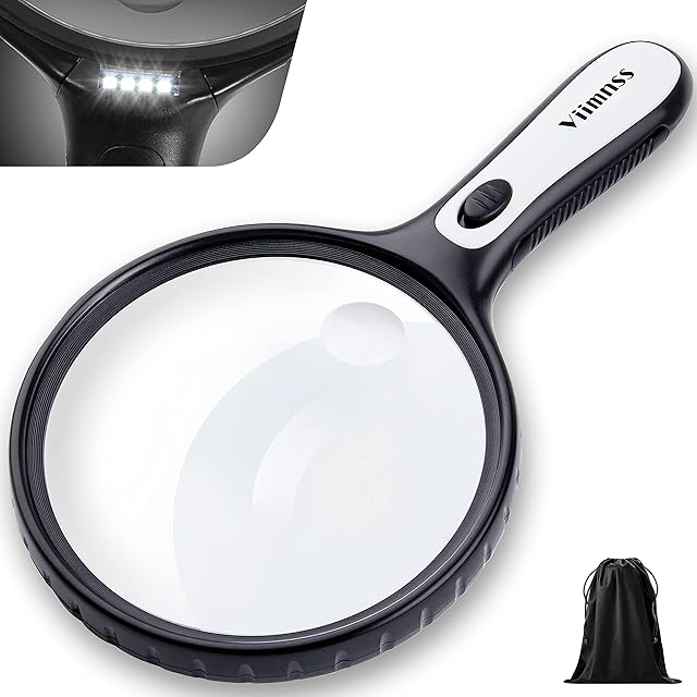 Magnifying Glass with Light, Large Magnifier Handheld Illuminated Lighted Magnifier with LED Lights Storage Bag Clean Cloth for Seniors Reading, Inspection, Exploring (Black#1)