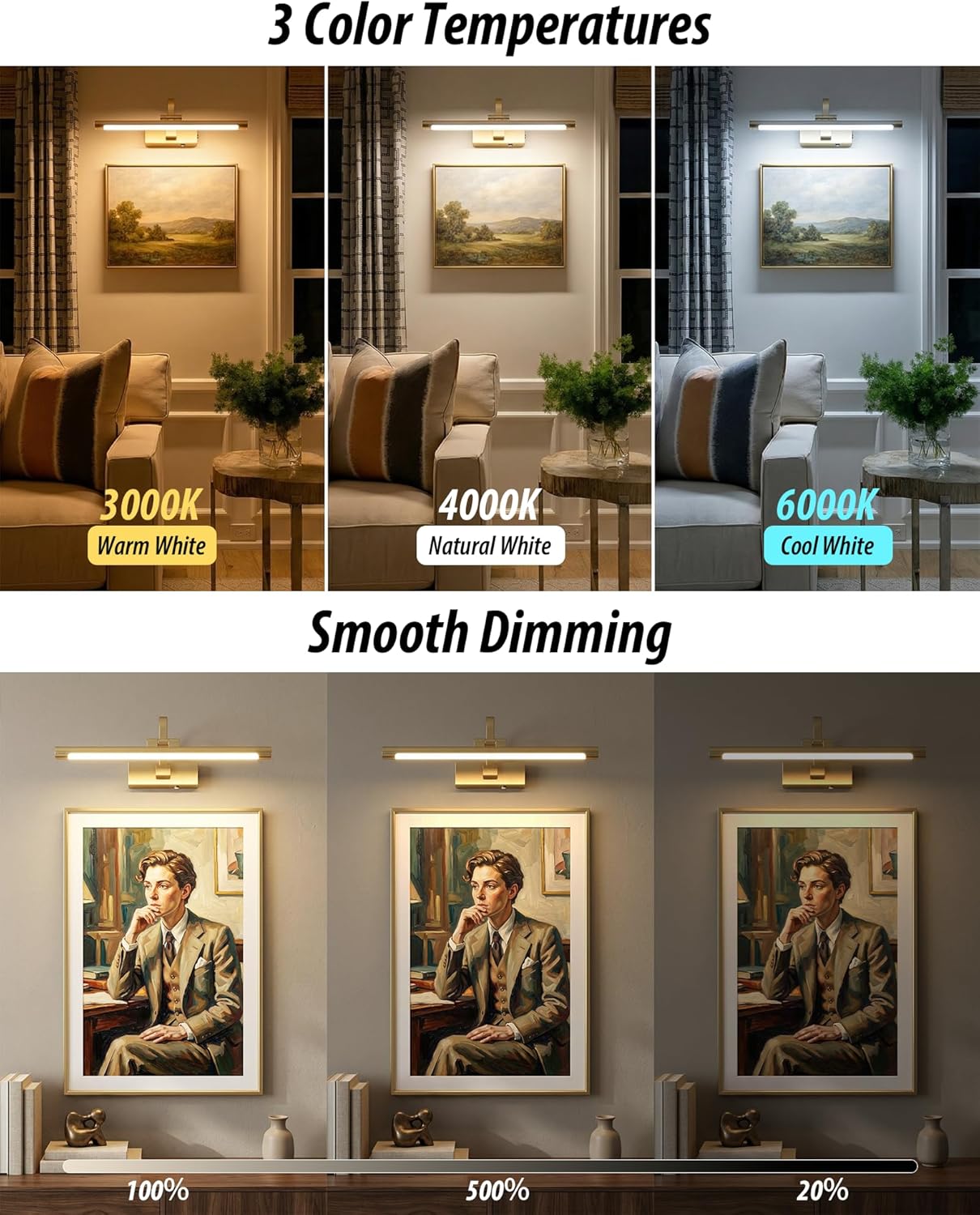 URSOLA 16“ Picture Lights for Wall, Brass Battery Operated Picture Frame Light, Dimmable LED Light Over Picture Frame with 3 CCT, Display for Gallery, Living Room, Bedroom, Hallway