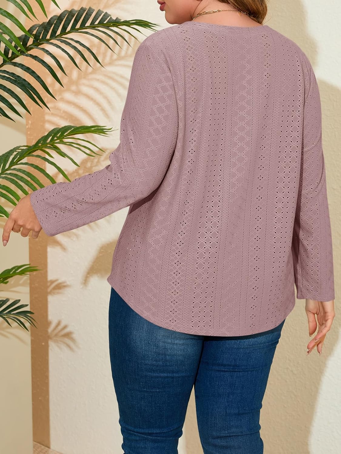 Beautife Womens Plus Size Eyelet Tunic Tops Dressy Casual Long Sleeve V Neck Blouses Curvy Loose Fit Shirts - Image 5