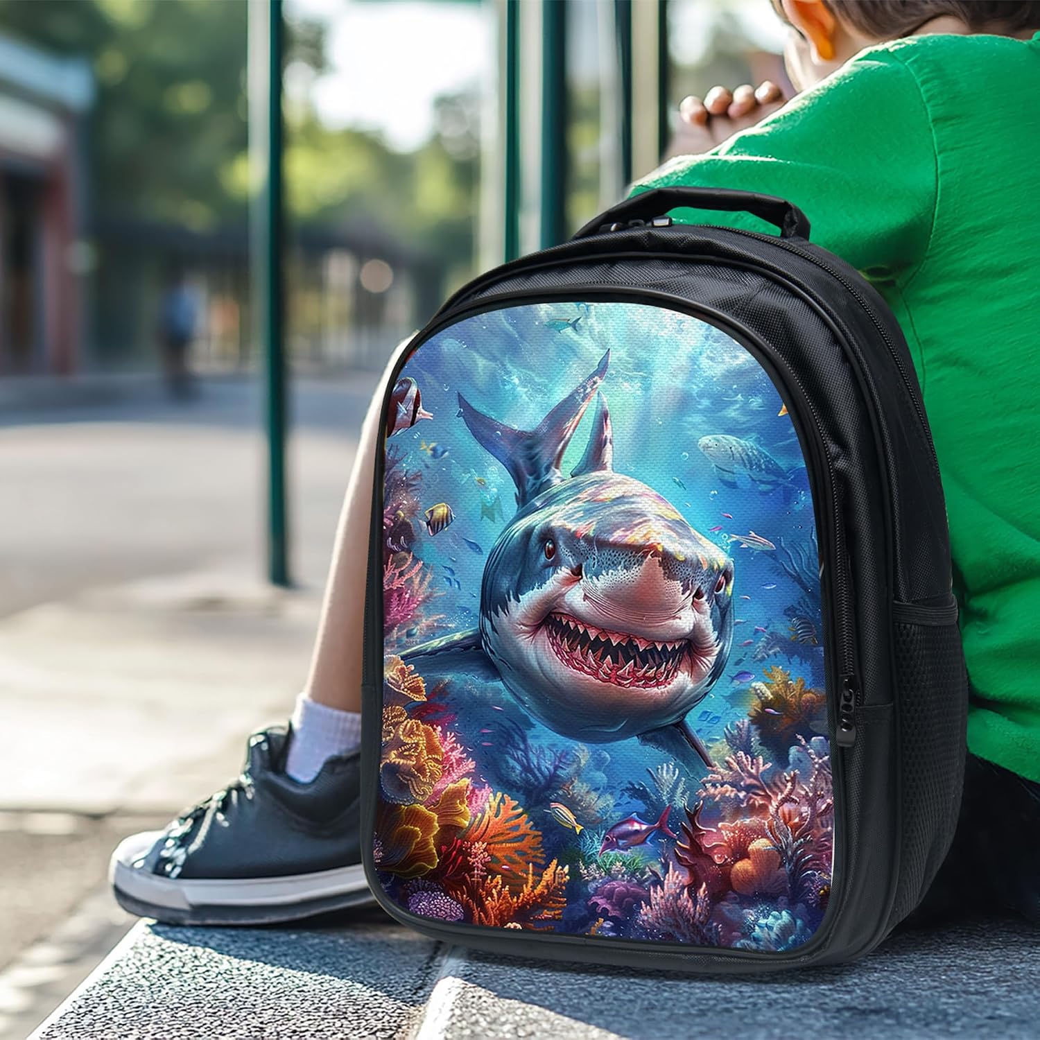 Tijuboni Kids Backpack for School Boys and Girls - 3pcs, Shark School Backpack with Lunch Box and Pencil Case for Children Teens Bookbag 16 Inch Large Capacity image 2