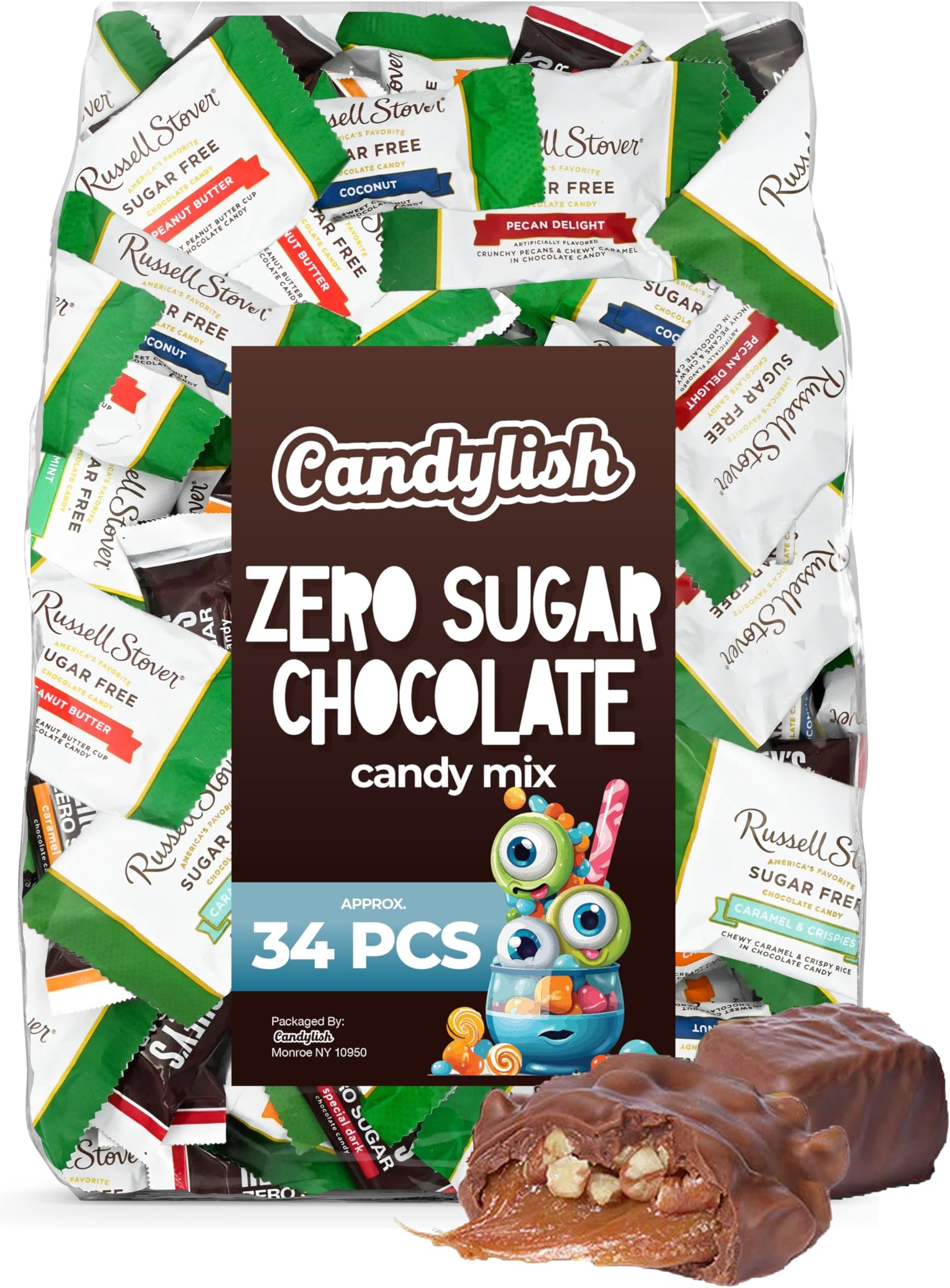 Zero Sugar Chocolate Candy Mix (Approx. 34 Pieces) - Russell Stover Assorted & Zero Sugar Bars Peanut Butter Cup Mix