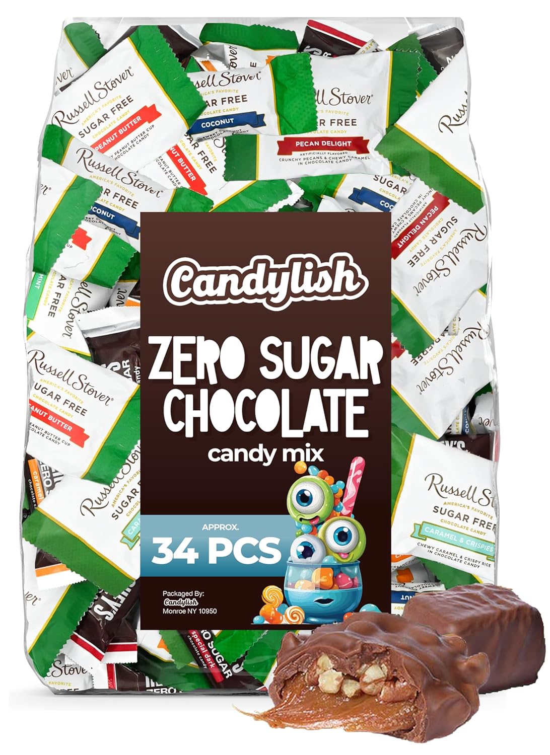 Zero Sugar Chocolate Candy Mix (Approx. 34 Pieces) - Russell Stover Assorted & Zero Sugar Bar Mix